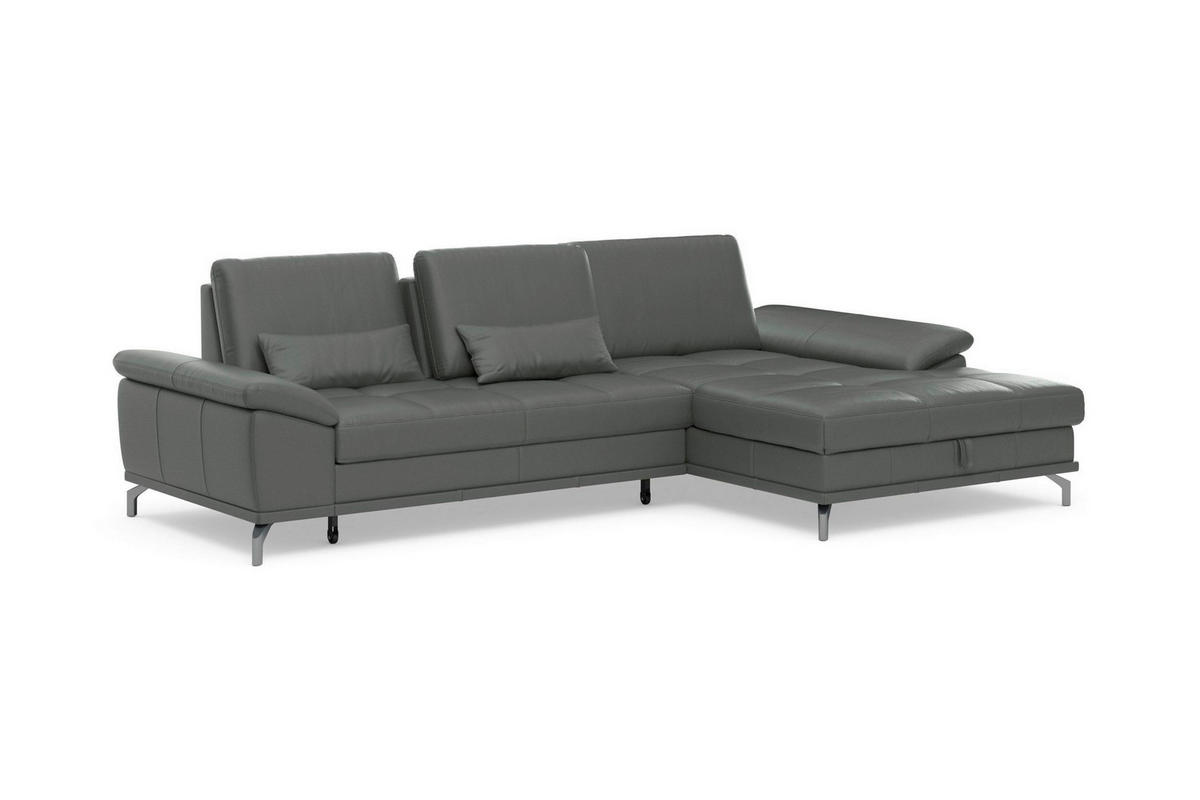 ECKSOFA COSTELLO E Anthrazit Kombination Echtleder/Stoff Mikrofaser Nierenkissen, Armteilverstellung, Sitztiefenverstellung, Bettkasten  - Anthrazit/Schwarz, Basics, Leder/Textil (301/176cm) - Sit & More