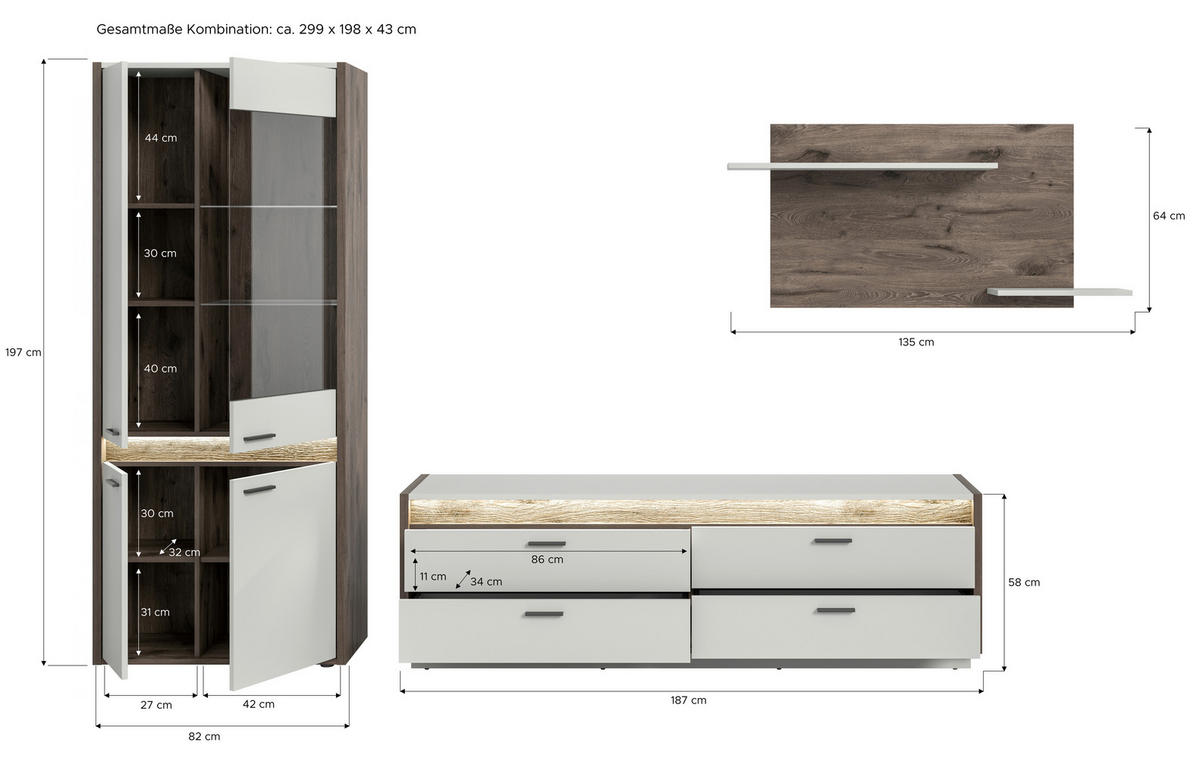 WOHNWAND 3-teilig  in Hellgrau  299/198/43 cm  - Anthrazit/Hellgrau, Design, Holzwerkstoff/Metall (299/198/43cm) - MID.YOU