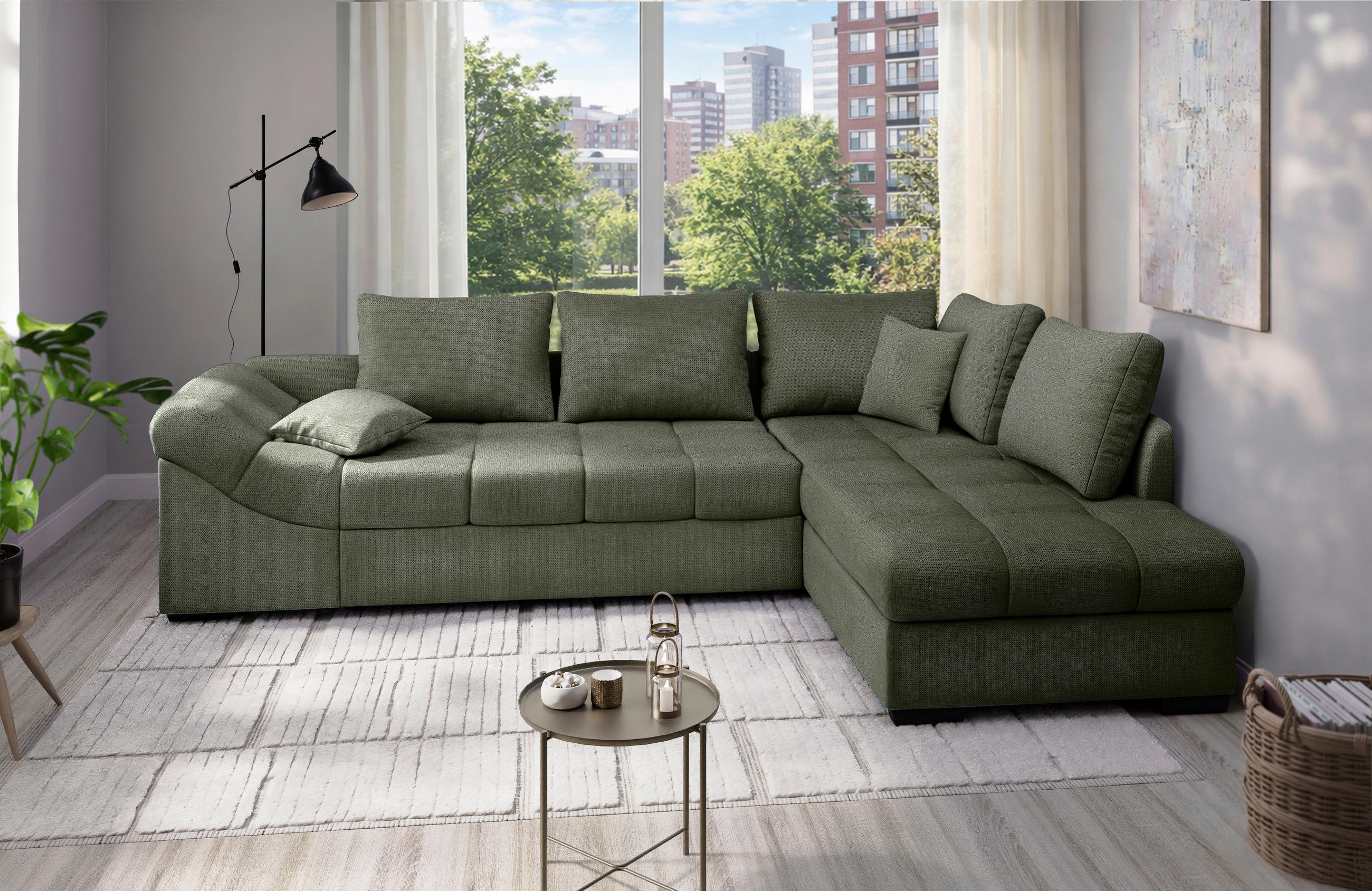 ECKSCHLAFSOFA Alvito in Chenille Dunkelgrün  - Dunkelgrün/Schwarz, MODERN, Holz/Textil (298/202cm) - MID.YOU