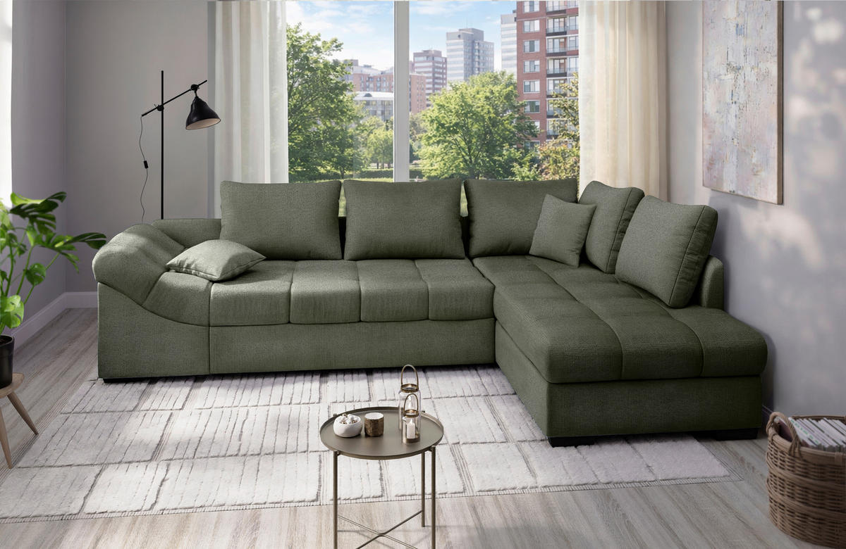 ECKSCHLAFSOFA in Dunkelgrün Textil   - Dunkelgrün/Schwarz, Modern, Holz/Textil (298/202cm) - MID.YOU