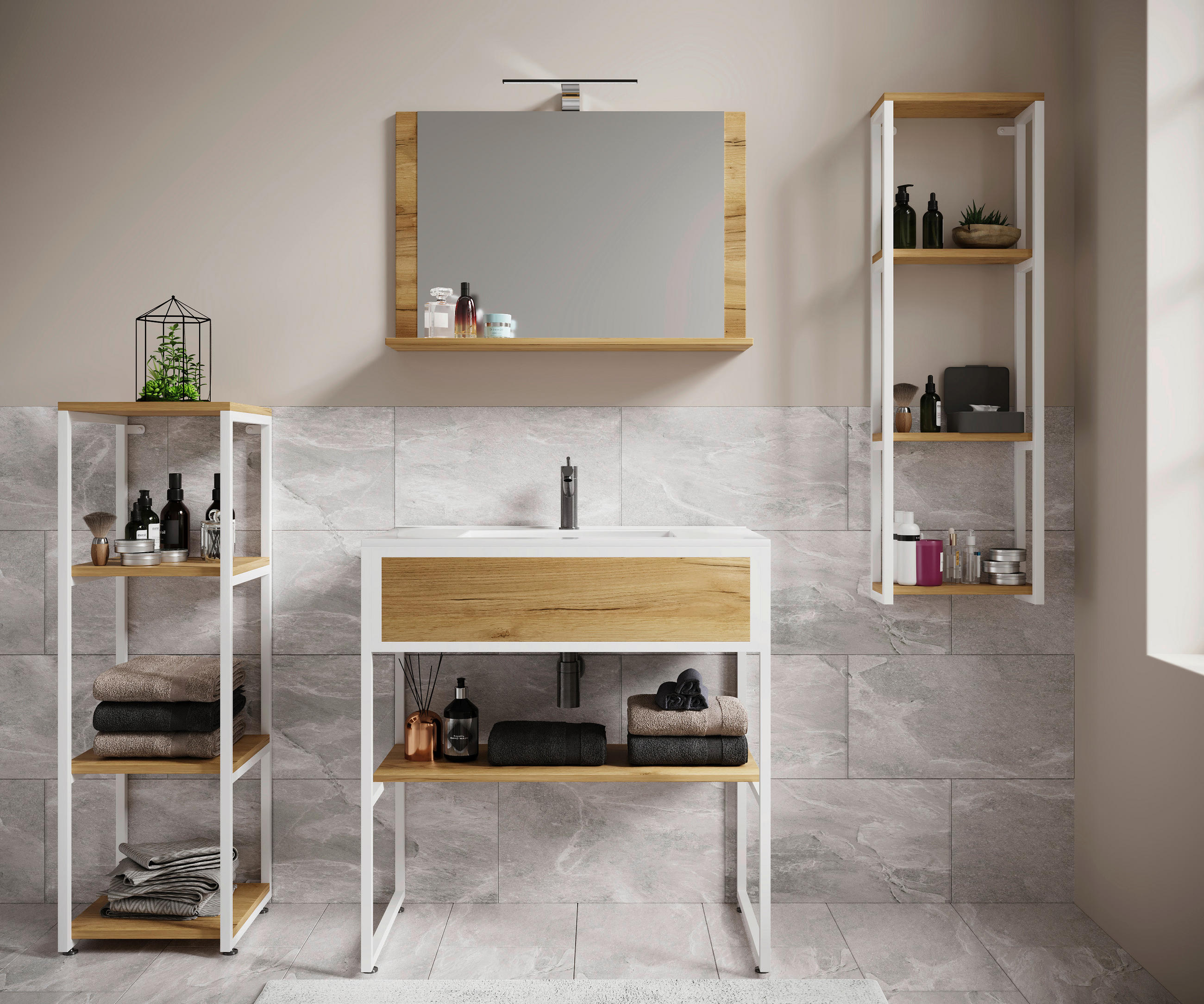 BADEZIMMER 5-teilig  in  - Honigeiche/Schwarz, MODERN, Glas/Keramik (80/85/46cm) - MID.YOU