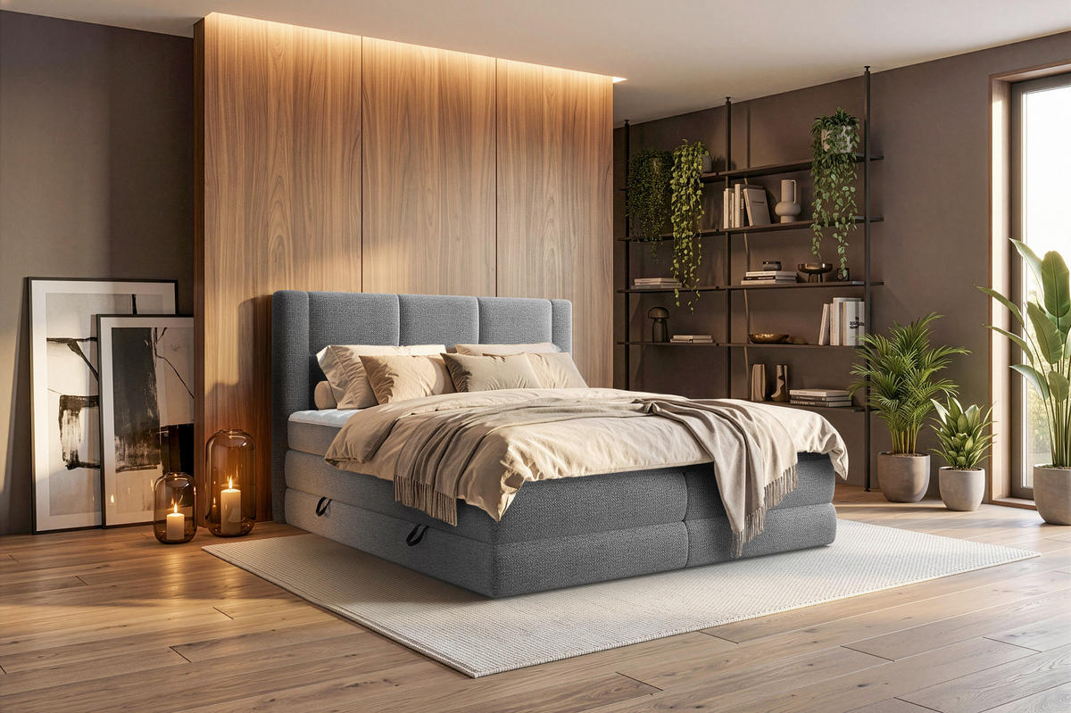 BOXSPRINGBETT 180/200 cm,  in Graphitfarben, gepolstertes Kopfteil, Bettkasten, Topper, Wendematratze mit unterschiedlichen Härtegraden, H2 + H3 = mittel + fest  - Schwarz/Graphitfarben, Design, Kunststoff/Textil (180/200cm) - Esposa