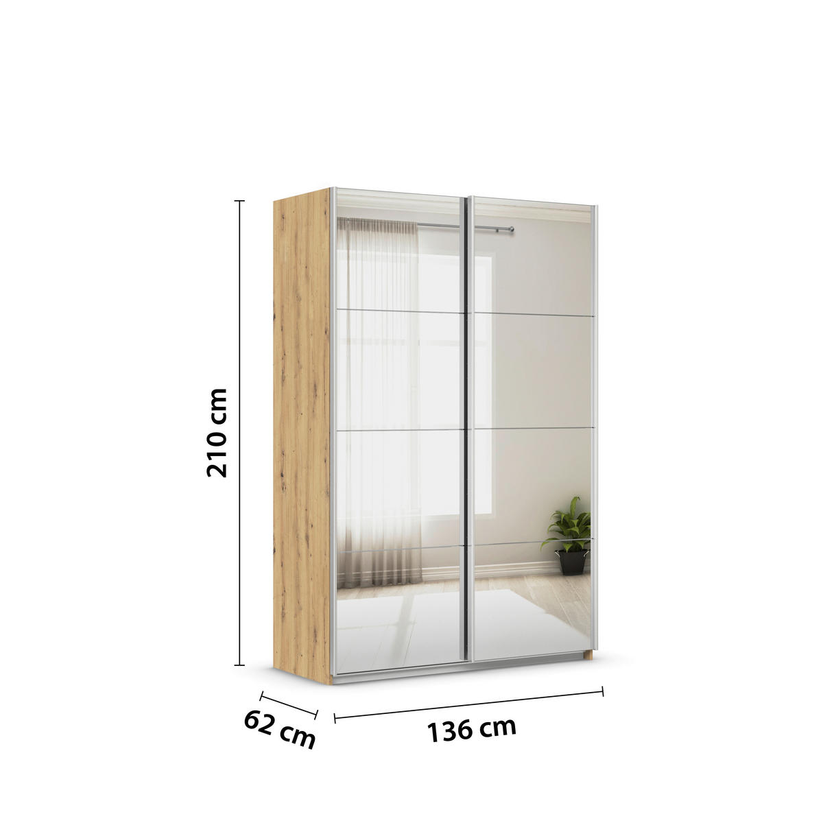 SCHWEBETÜRENSCHRANK  in Eiche Artisan  - Alufarben/Eiche Artisan, KONVENTIONELL, Glas/Holzwerkstoff (136/210/62cm) - Xora