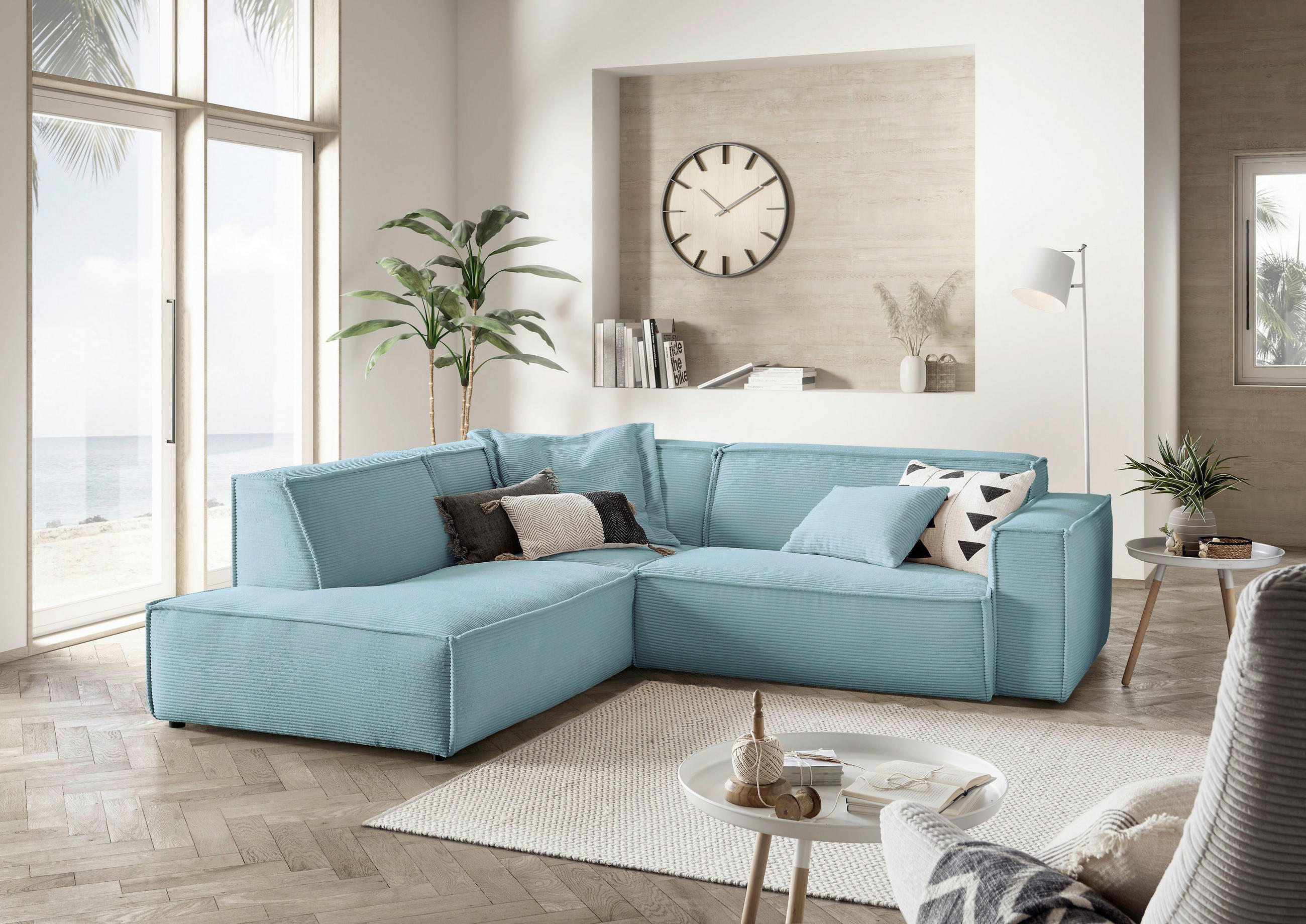 ECKSOFA Hellblau Cord - Schwarz/Hellblau, KONVENTIONELL, Kunststoff/Textil (224/254cm) - Hom`in