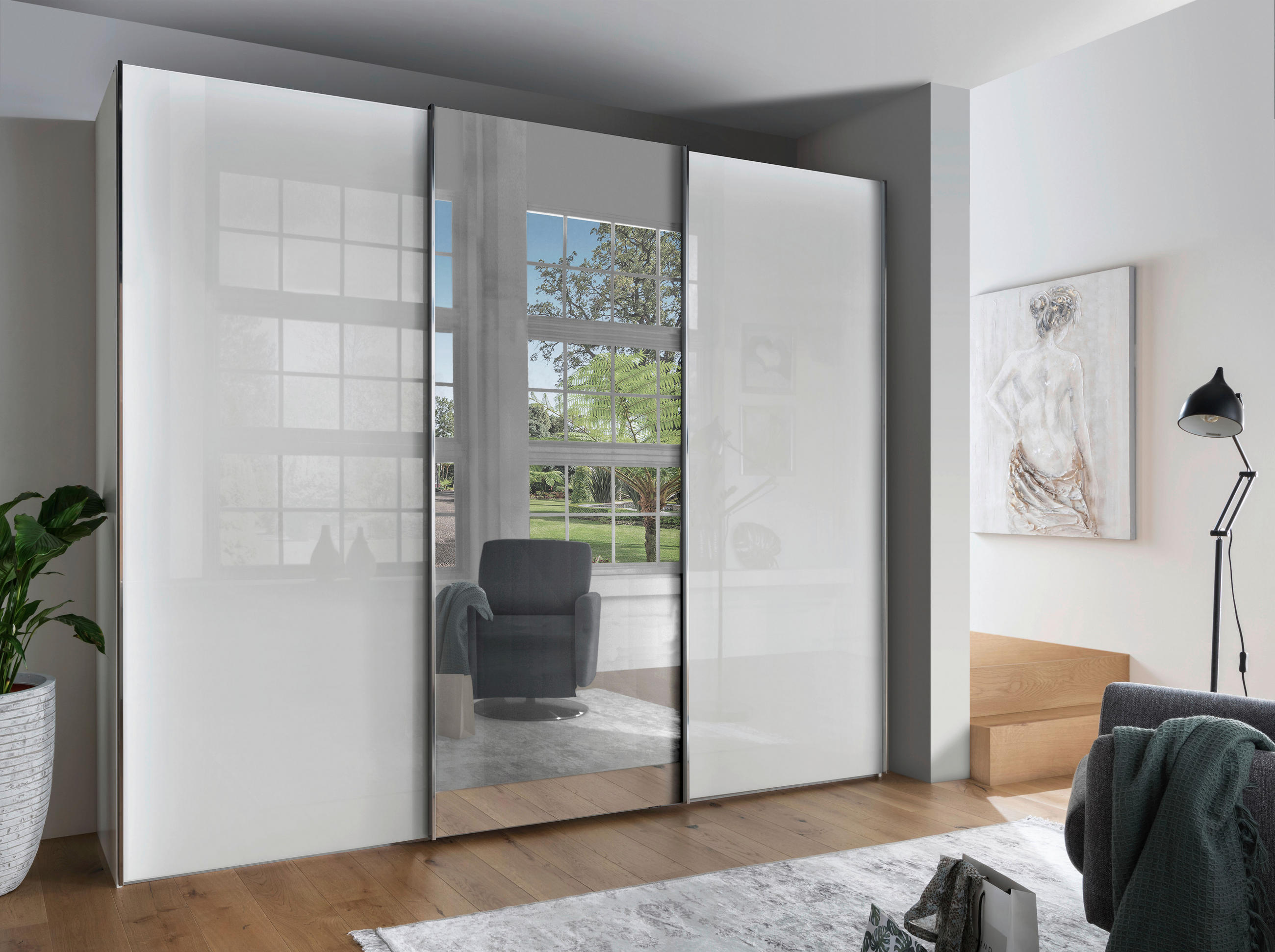 SCHWEBETÜRENSCHRANK in Weiss  - Chromfarben/Weiss, Konventionell, Glas/Holzwerkstoff (300/217/67cm) - Dieter Knoll
