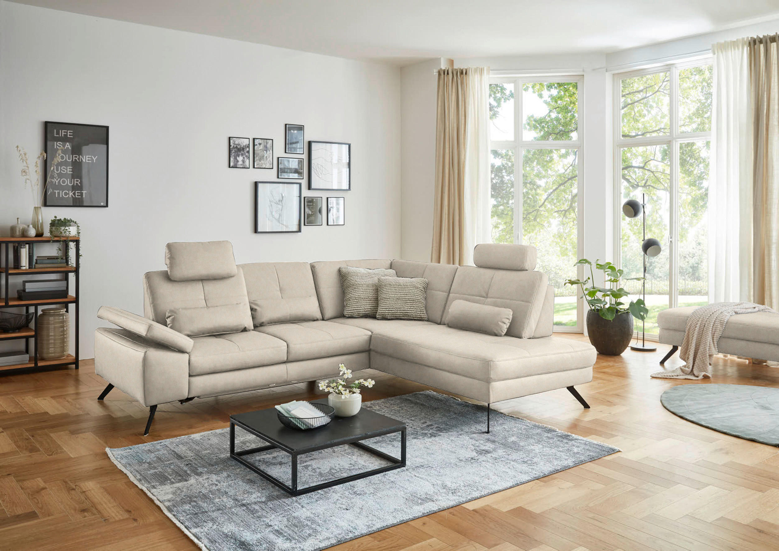 ECKSOFA in Lederlook, Mikrofaser Creme  - Creme/Schwarz, Design, Textil/Metall (261/220cm) - Beldomo System