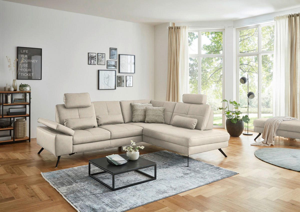 ECKSOFA in Lederlook, Mikrofaser Creme  - Creme/Schwarz, Design, Textil/Metall (261/220cm) - Beldomo System