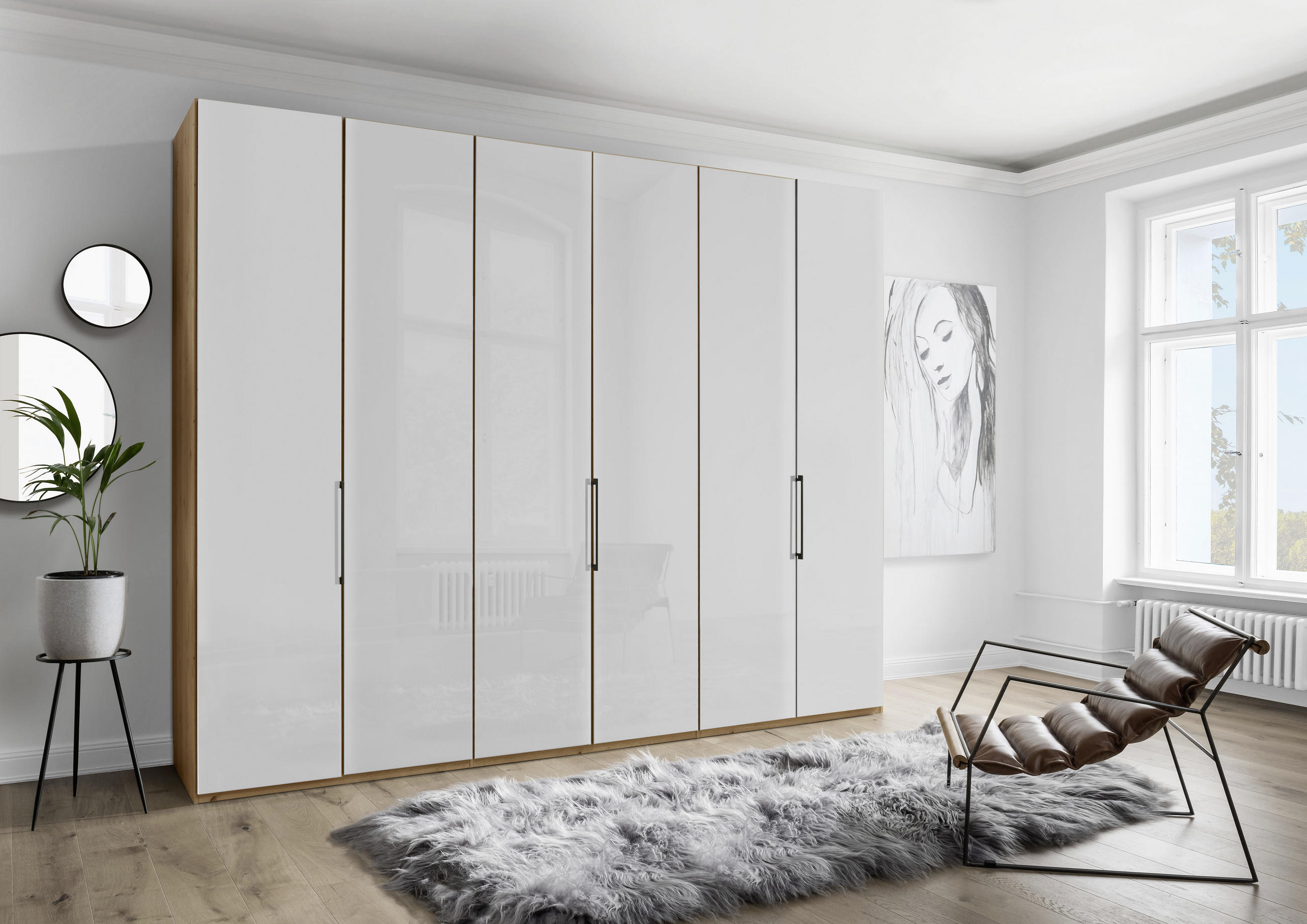 DREHTÜRENSCHRANK 300/216/58 cm 6-türig  - Schieferfarben/Eiche Bianco, KONVENTIONELL, Glas/Holzwerkstoff (300/216/58cm) - Dieter Knoll
