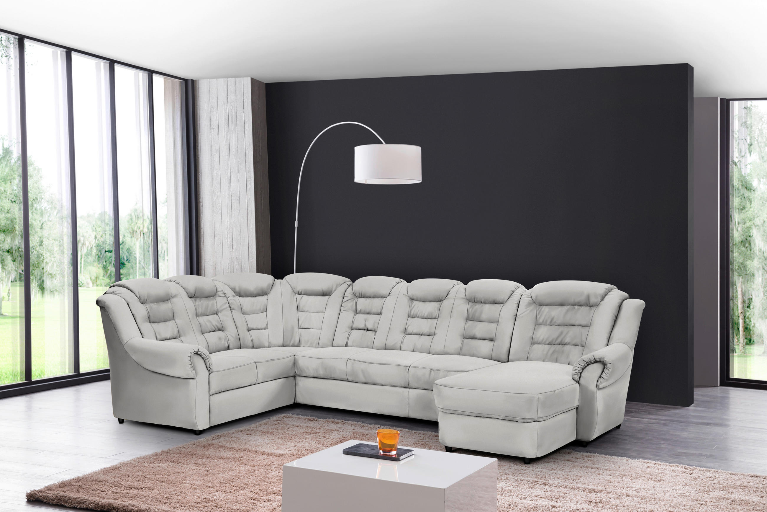 WOHNLANDSCHAFT in Lederlook Hellgrau - Hellgrau/Schwarz, Konventionell, Kunststoff/Textil (216/333/165cm) - Livetastic