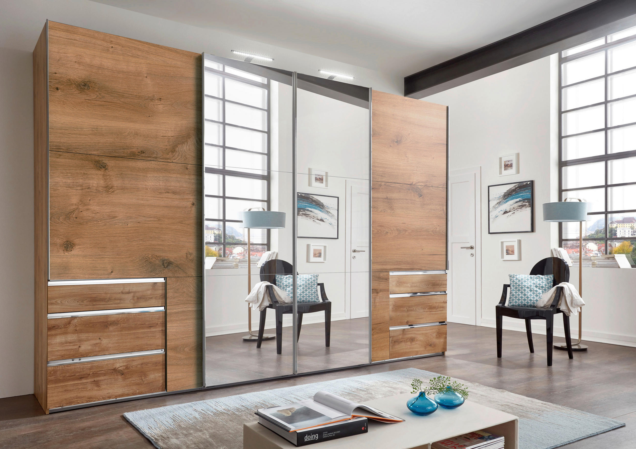 SCHWEBETÜRENSCHRANK in Eichefarben  - Chromfarben/Eichefarben, Modern, Holzwerkstoff (350/236/65cm) - MID.YOU