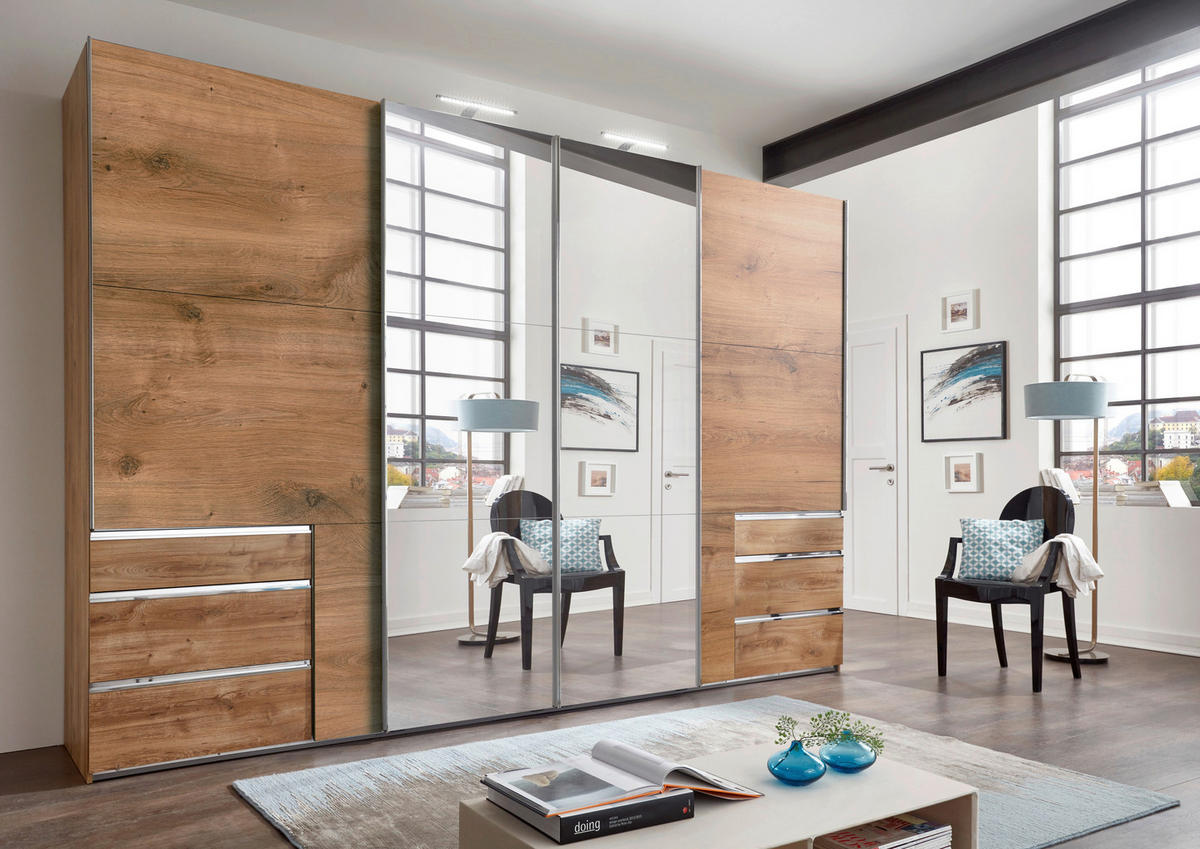 SCHWEBETÜRENSCHRANK in Eichefarben  - Chromfarben/Eichefarben, Modern, Holzwerkstoff (350/236/65cm) - MID.YOU