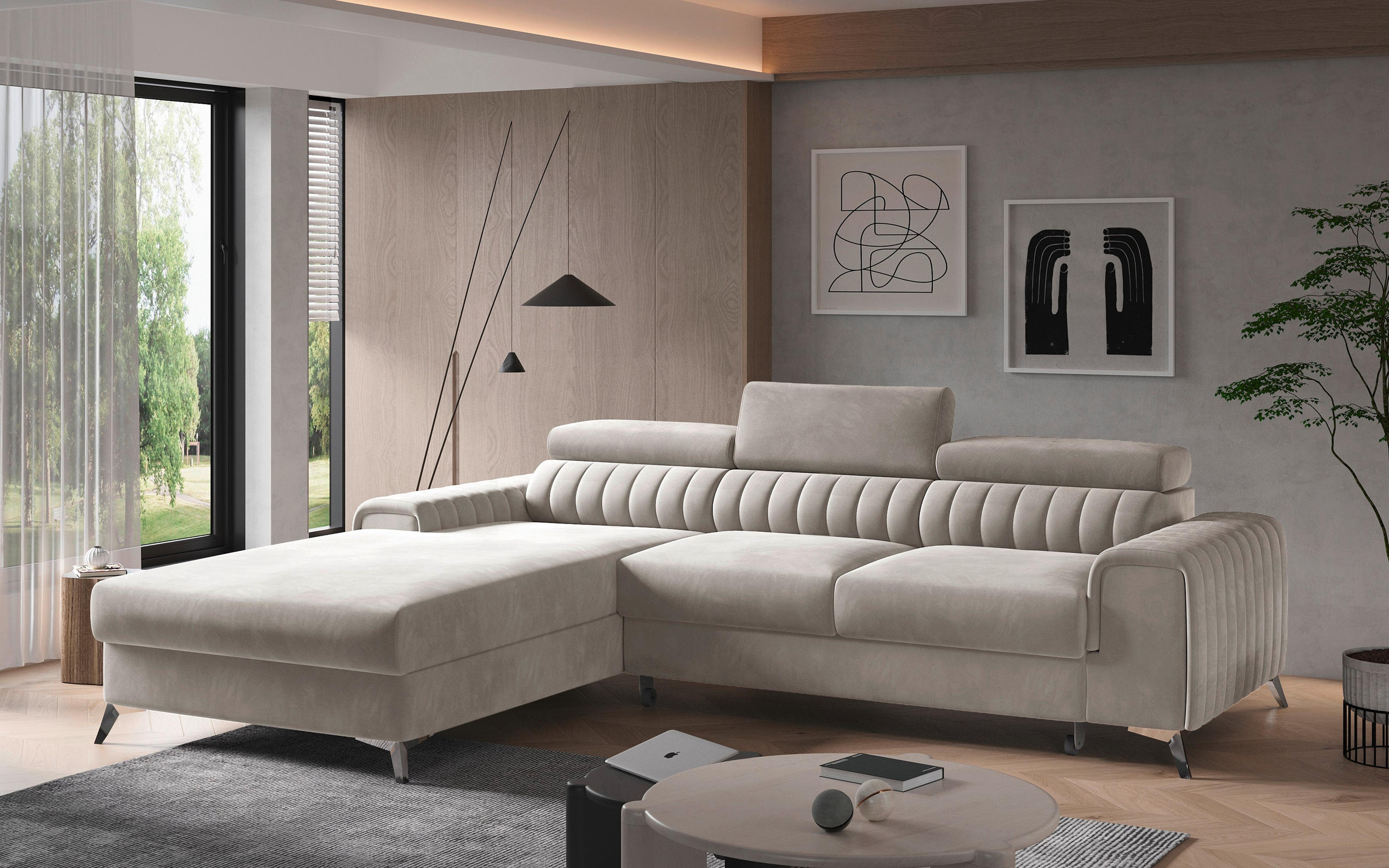 ECKSOFA in Samt Beige  205/278 cm  - Beige/Silberfarben, Design, Textil/Metall (205/278cm) - MID.YOU