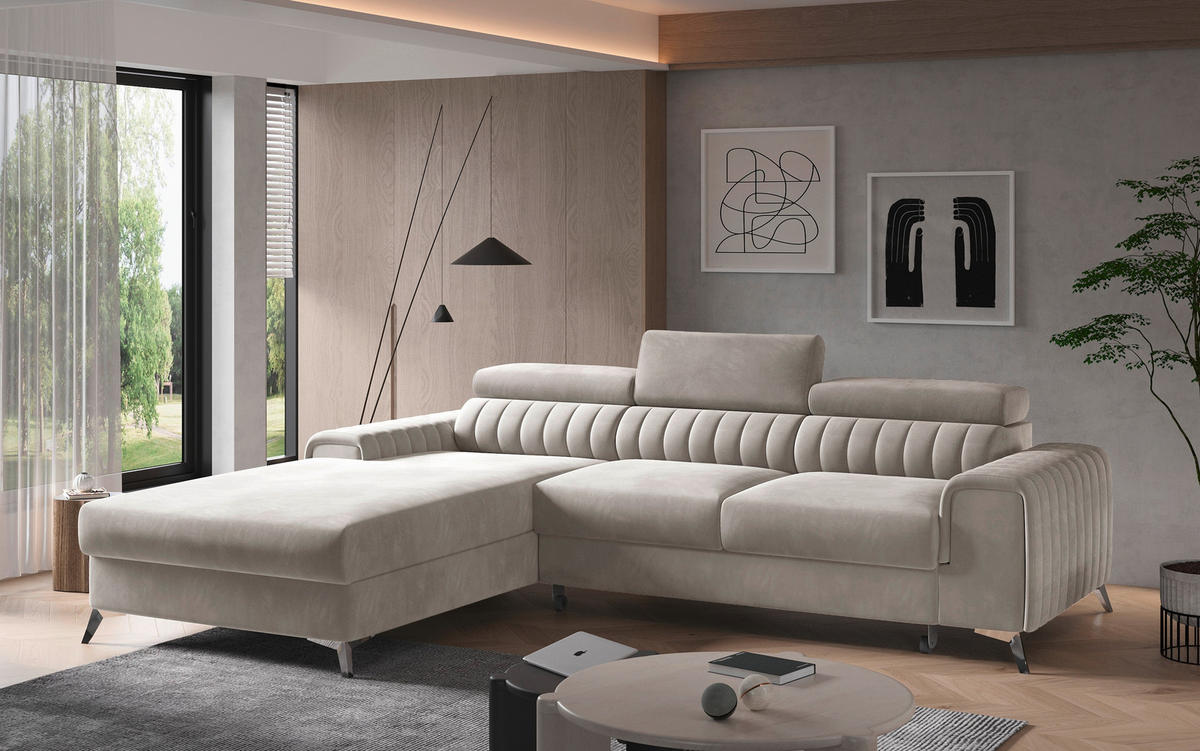 ECKSOFA Beige Samt  - Beige/Silberfarben, Design, Textil/Metall (205/278cm) - MID.YOU