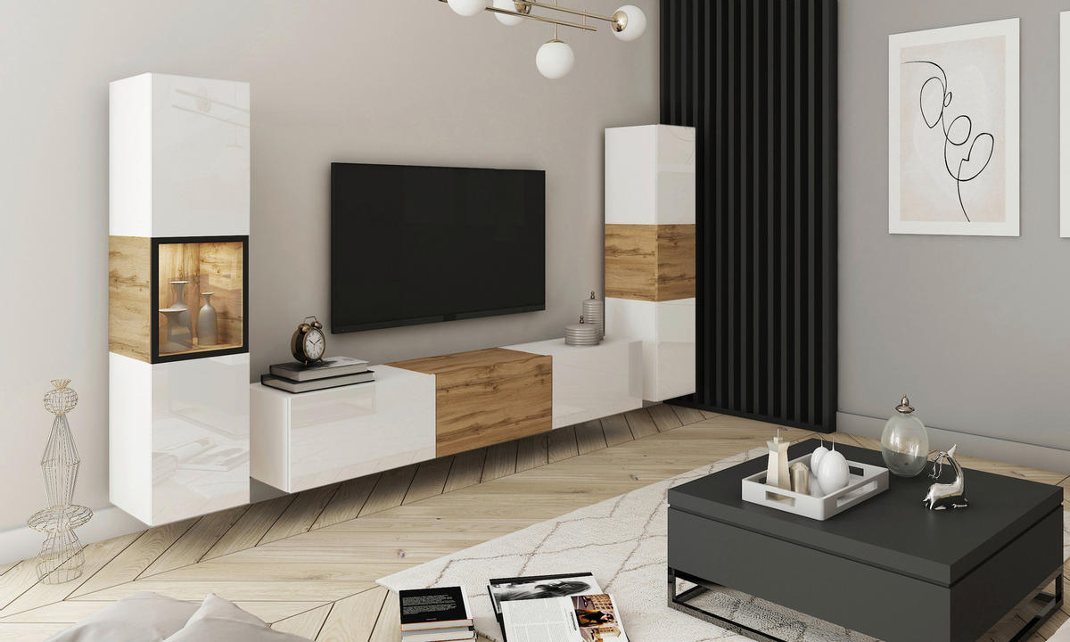 DNEVNI REGAL,  bela, hrast wotan  - hrast wotan/siva, Design, steklo/leseni material (240/130/31cm) - MID.YOU