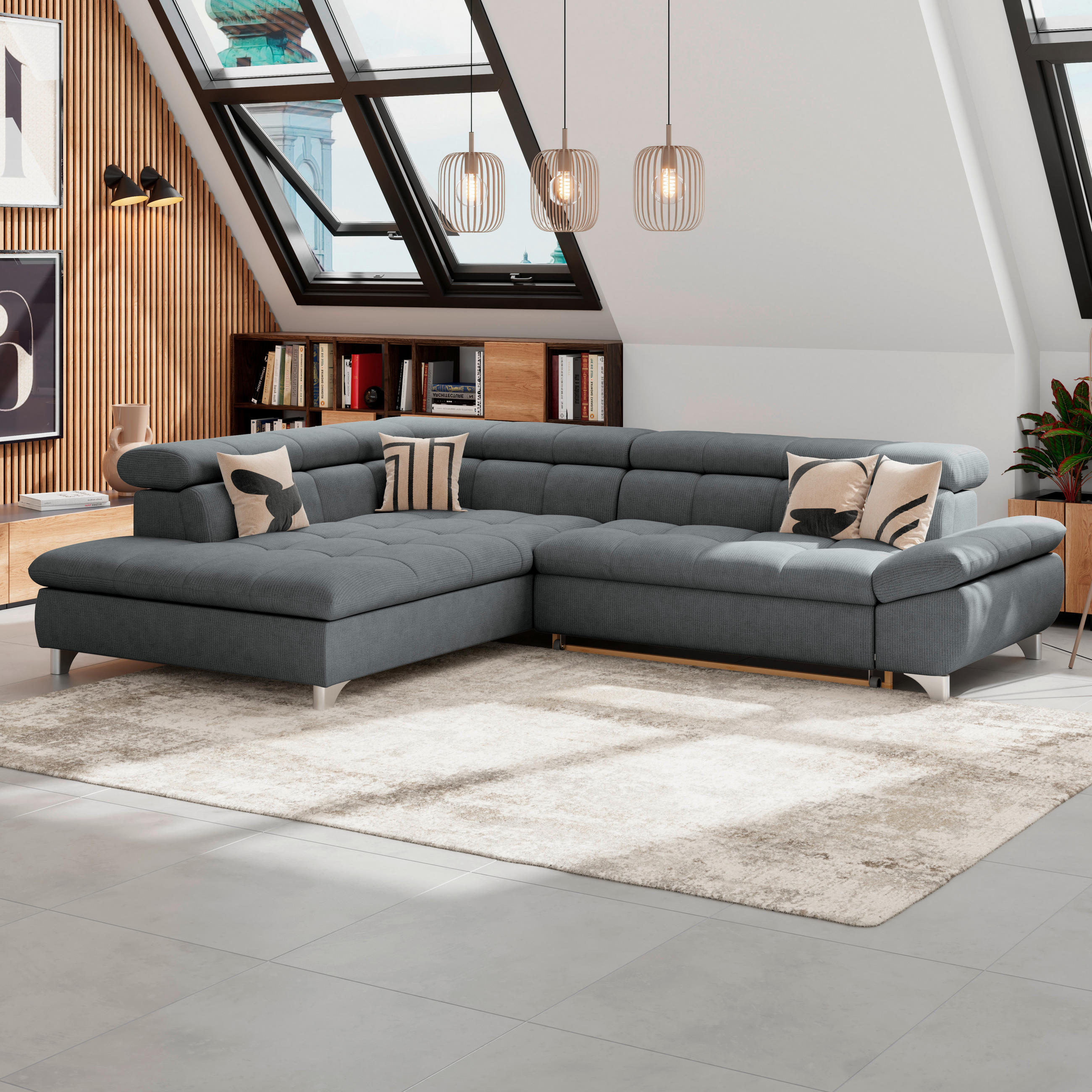 ECKSOFA Graphitfarben Chenille  - Chromfarben/Graphitfarben, KONVENTIONELL, Textil/Metall (234/312cm) - Livetastic
