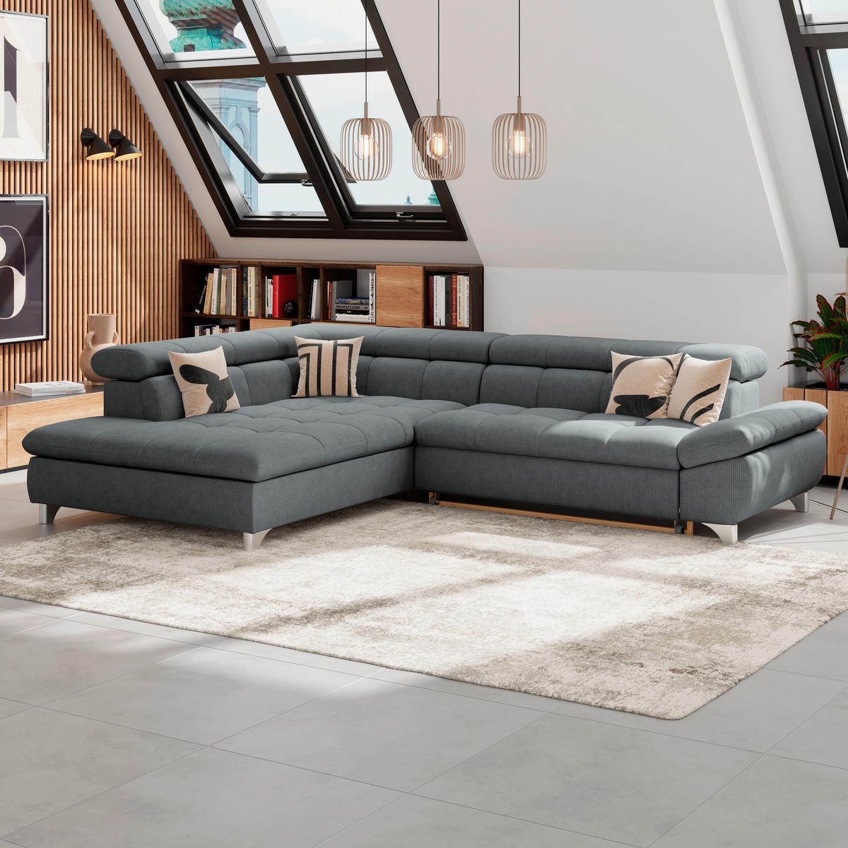 ECKSOFA Graphitfarben Chenille  - Chromfarben/Graphitfarben, KONVENTIONELL, Textil/Metall (234/312cm) - Livetastic