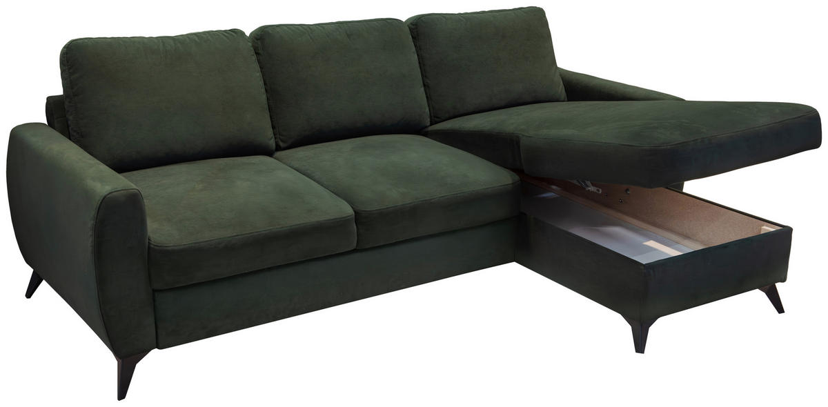 ECKSCHLAFSOFA JEFFREY Mikrovelours Dunkelgrün  inkl. Zierkissen, Rückenkissen, Stauraum  - Dunkelgrün/Schwarz, KONVENTIONELL, Textil/Metall (230/150cm) - Livetastic
