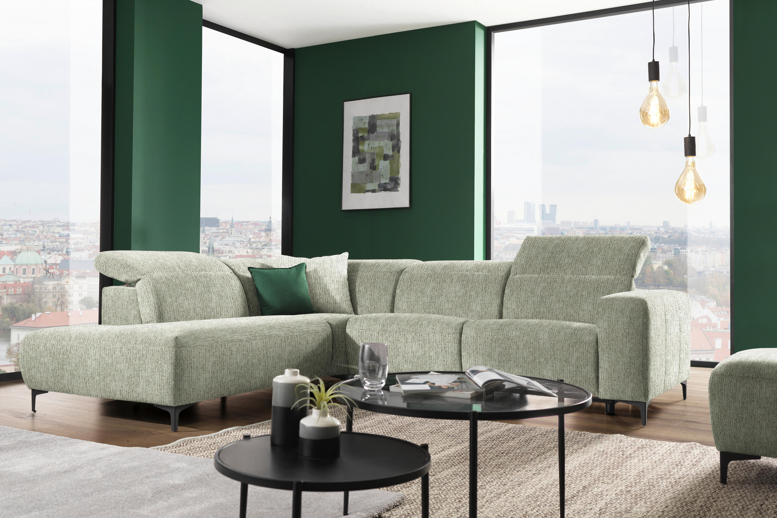 ECKSOFA in Flachgewebe Olivgrün  - Schwarz/Olivgrün, Design, Textil/Metall (238/290cm) - Pure Home Lifestyle