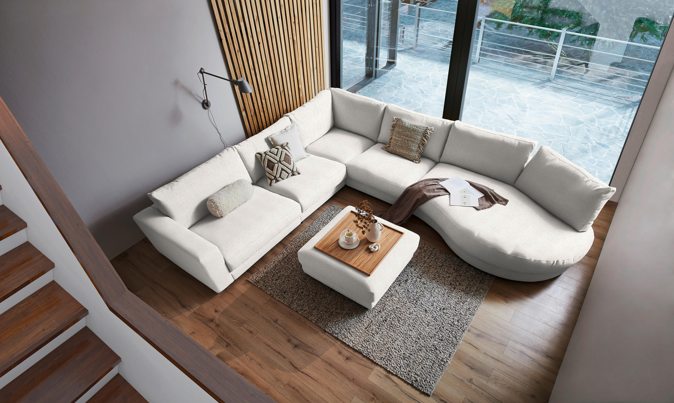 ECKSOFA in Chenille, Cord Creme  - Creme/Schwarz, Design, Kunststoff/Textil (365/425cm) - Lomoco