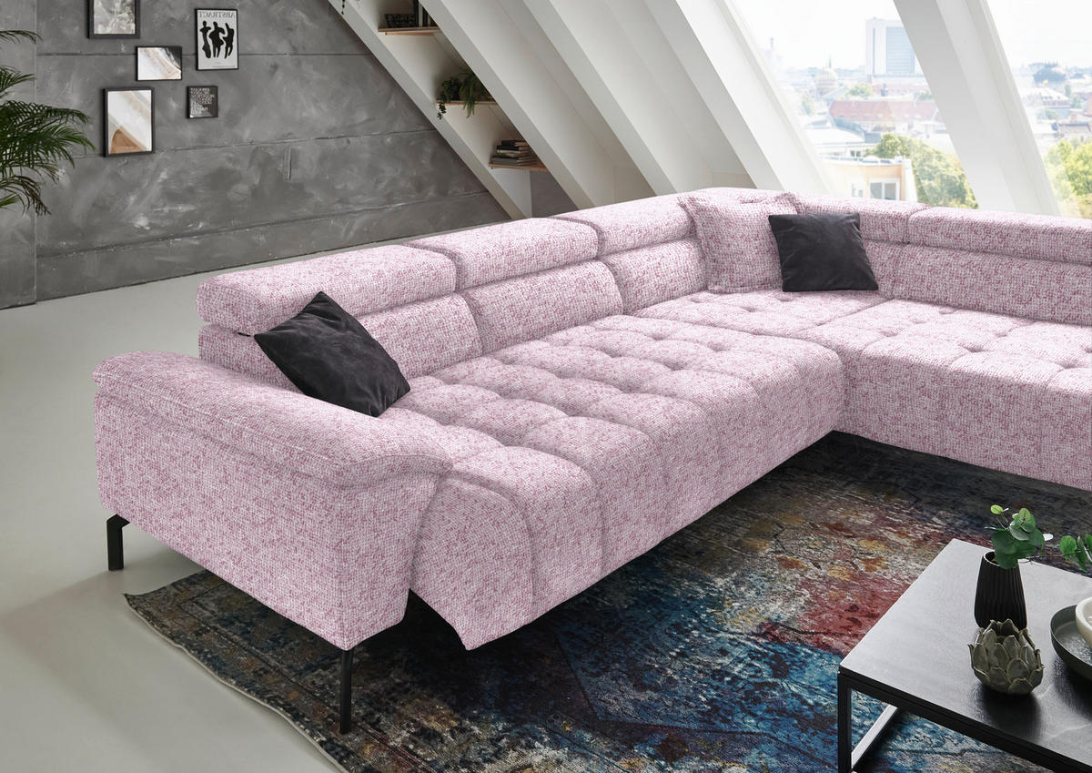 ECKSOFA in Chenille Rosa  - Schwarz/Rosa, Design, Textil/Metall (323/222cm) - Beldomo Style