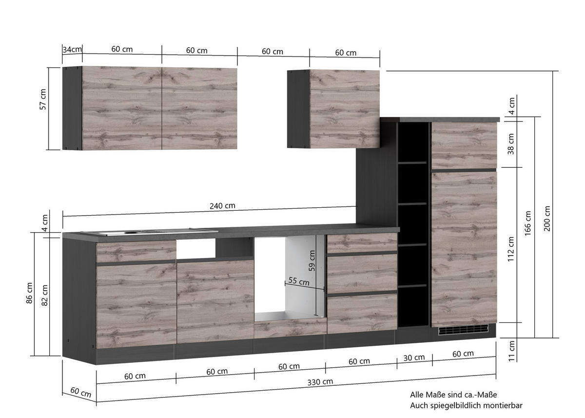 KÜCHENLEERBLOCK 330 cm   in Eiche Wotan  - Eiche Wotan, Design, Holzwerkstoff (330cm) - Held