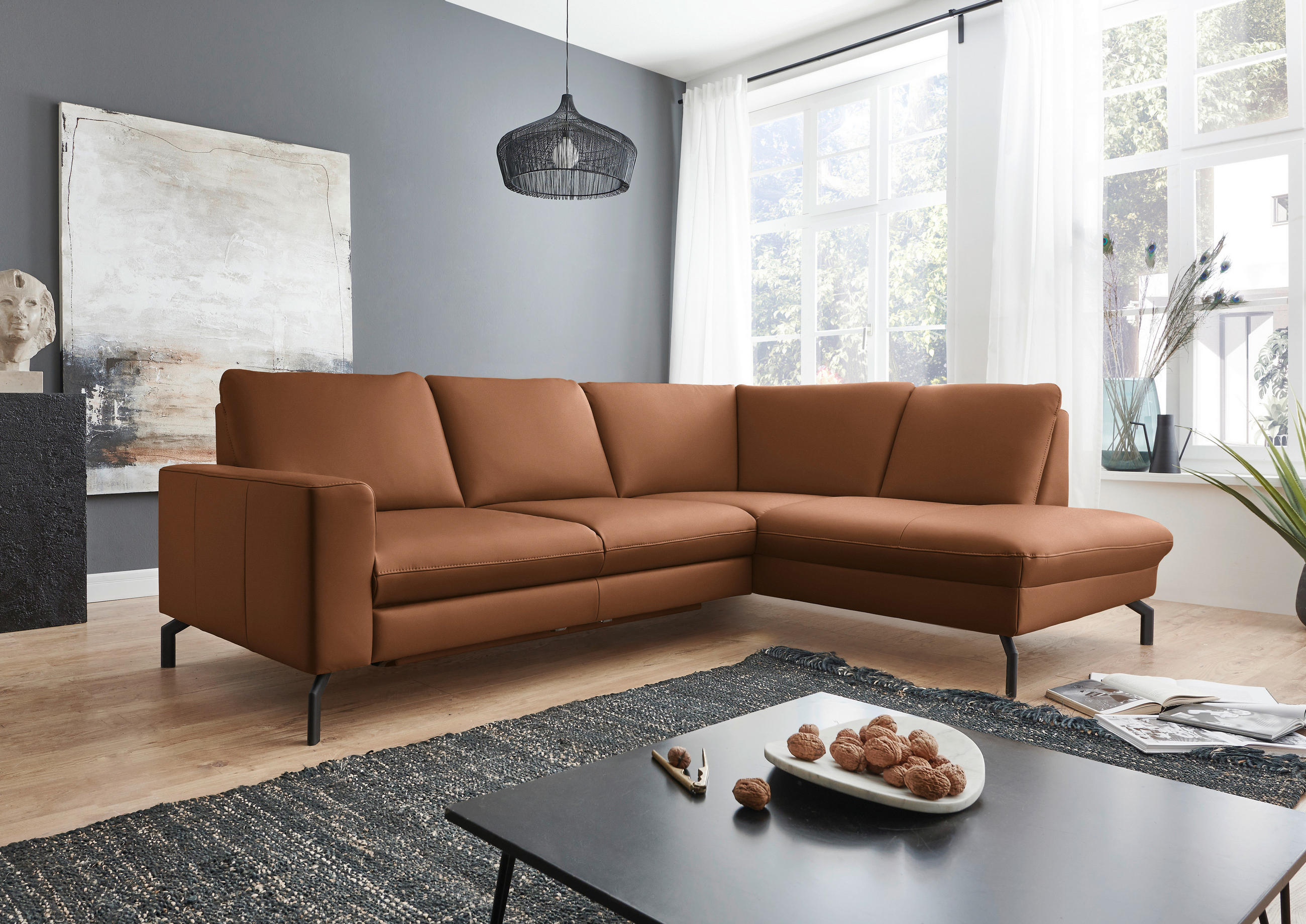 ECKSOFA in Echtleder Hellbraun  - Hellbraun/Schwarz, Design, Leder/Metall (250/194cm) - Beldomo Premium