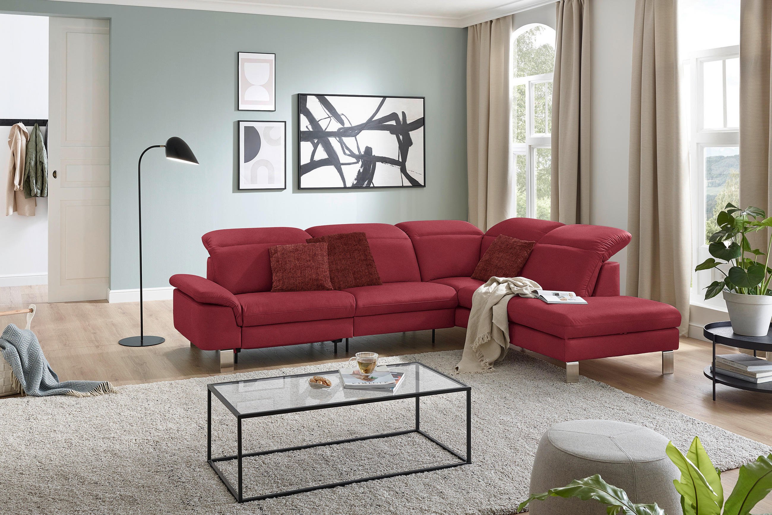 ECKSOFA in Echtleder Rot  309/233 cm  - Edelstahlfarben/Rot, Design, Leder/Metall (309/233cm) - Dieter Knoll