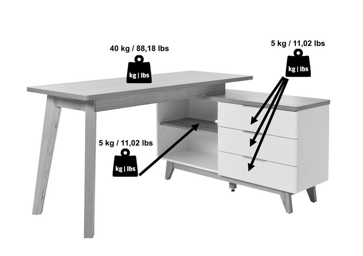 ECKSCHREIBTISCH 140/118/76 cm  in Weiß, Eichefarben  - Eichefarben/Alufarben, KONVENTIONELL, Holzwerkstoff/Metall (140/118/76cm) - Livetastic