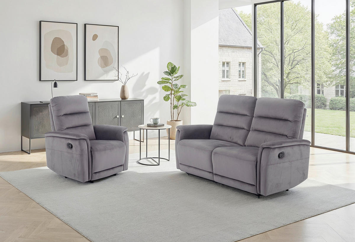 SITZGARNITUR  in Velours Grau  - Schwarz/Grau, KONVENTIONELL, Textil/Metall - P & B