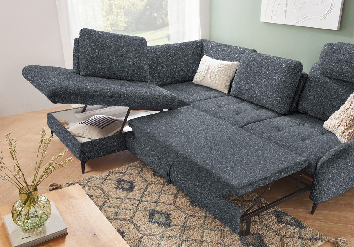 ECKSOFA in Bouclé Dunkelgrau  - Dunkelgrau/Schwarz, Natur, Textil/Metall (233/288cm) - Valnatura