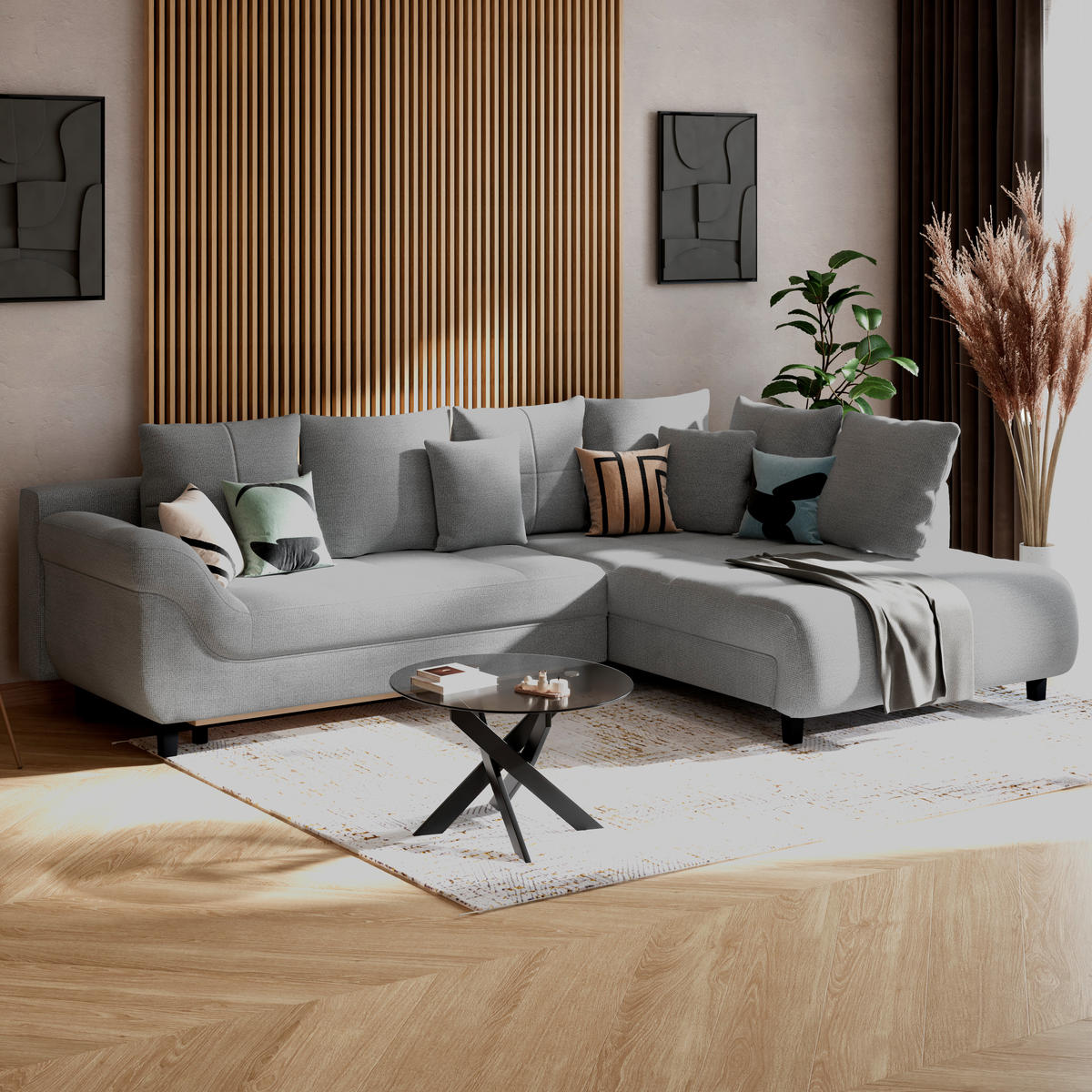 ECKSOFA MENDOZA NEW Blaugrau Chenille, Struktur Zierkissen, Rückenkissen, Bettkasten  - Blaugrau/Schwarz, KONVENTIONELL, Textil (309/197cm) - MID.YOU