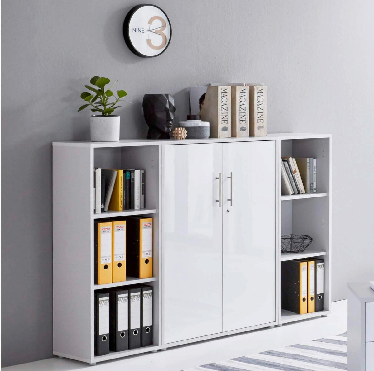 BÜRO erweiterbar, abschließbar Grau, Weiß Hochglanz - Weiß Hochglanz/Grau, MODERN, Holzwerkstoff/Metall - MID.YOU