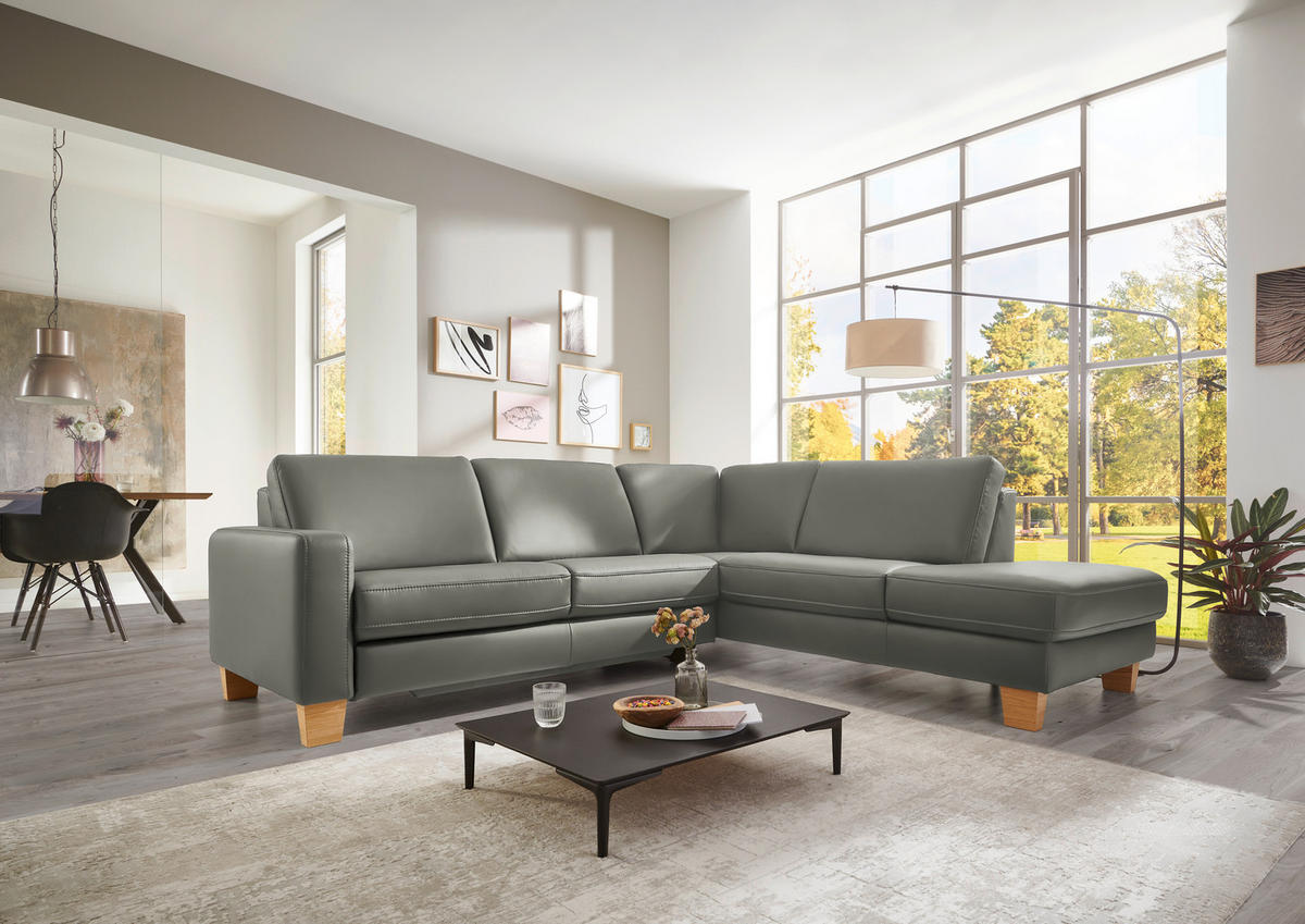 ECKSOFA in Echtleder Grau  - Eiche Bianco/Grau, Natur, Leder/Holz (257/235cm) - Valdera