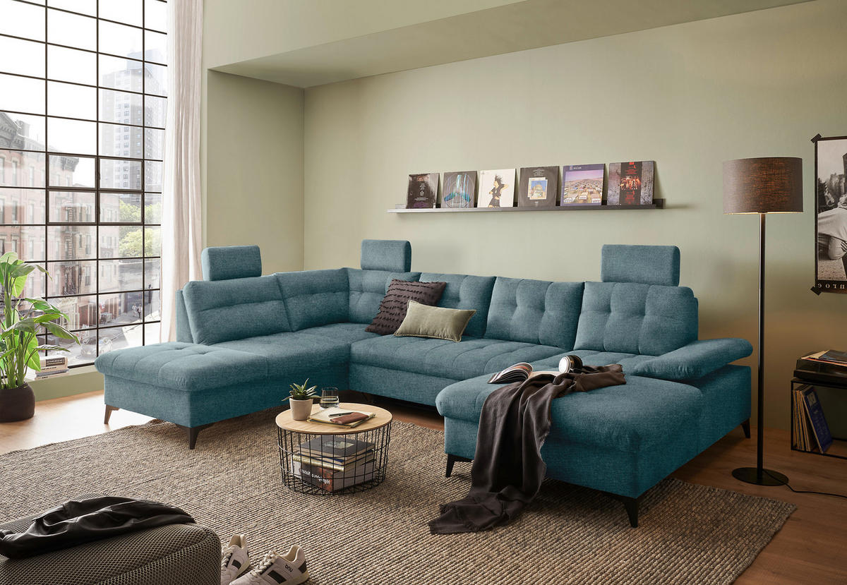 WOHNLANDSCHAFT in Webstoff Blau  - Blau/Schwarz, Konventionell, Kunststoff/Textil (218/324/170cm) - MID.YOU