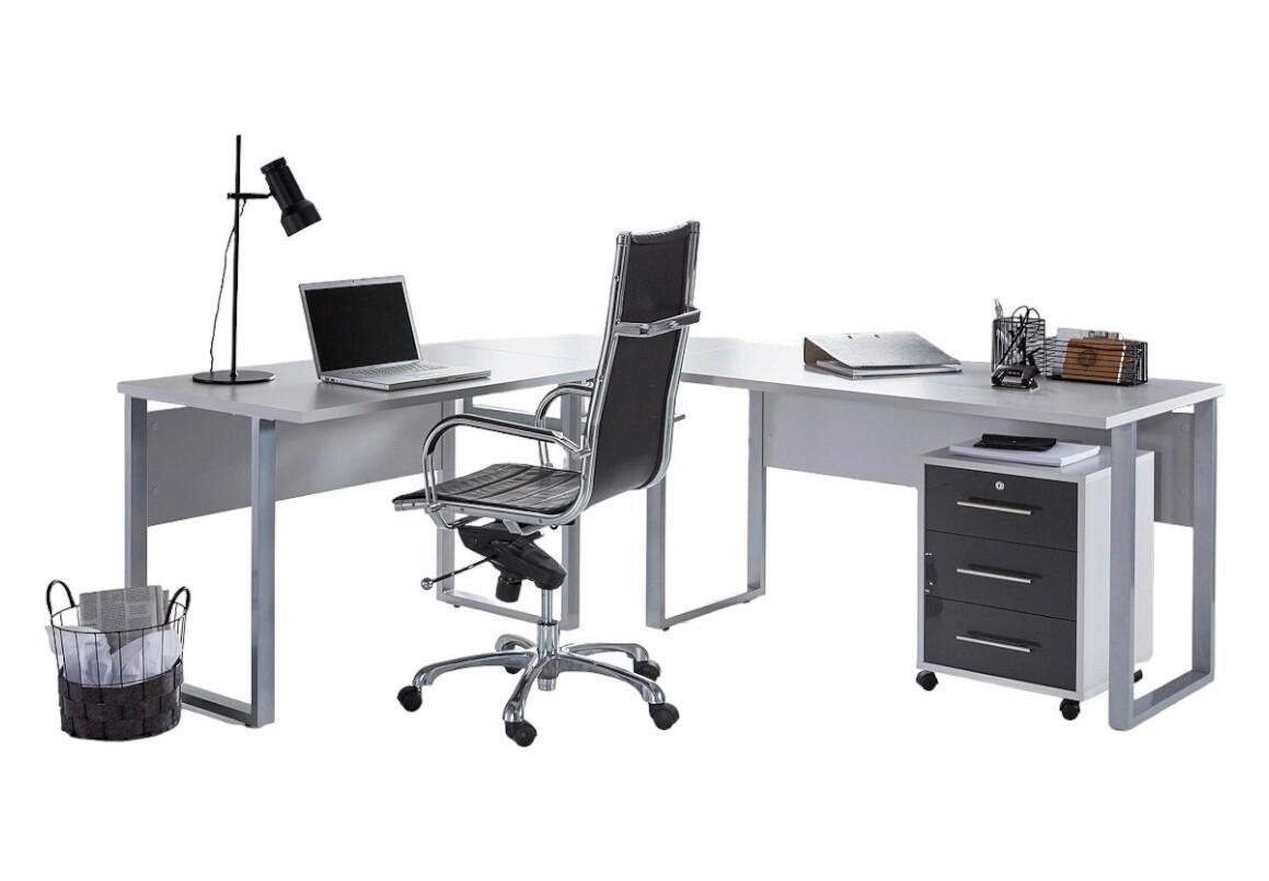 BÜRO erweiterbar, in verschiedenen Holz-Dekoren erhältlich, Schreibtisch seitenverkehrt montierbar, abschließbar Grau, Anthrazit Hochglanz - Anthrazit Hochglanz/Grau, MODERN, Holzwerkstoff - MID.YOU