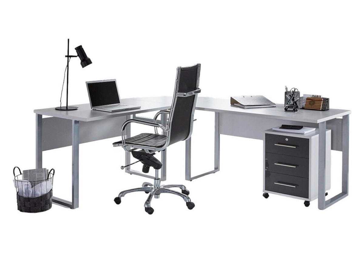 BÜRO Schreibtisch seitenverkehrt montierbar, abschließbar, erweiterbar, in verschiedenen Holz-Dekoren erhältlich Grau, Anthrazit Hochglanz - Anthrazit Hochglanz/Grau, MODERN, Holzwerkstoff - MID.YOU