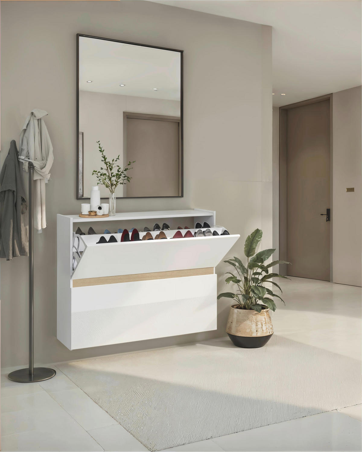 SCHUHKIPPER  in 104/82/29 cm  - Eichefarben/Weiß Hochglanz, Design, Holzwerkstoff (104/82/29cm) - MID.YOU