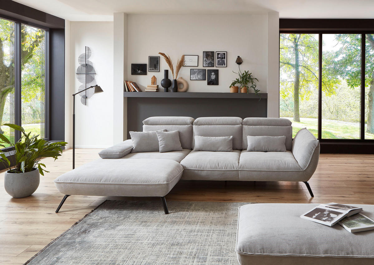 ECKSOFA Hellgrau Cord  - Hellgrau/Schwarz, Design, Textil/Metall (196/301cm) - Moderano