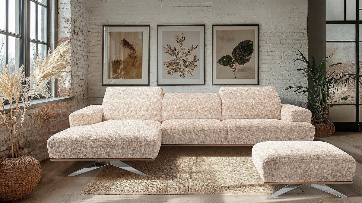 ECKSOFA PORTLAND in Struktur Blau, Gelb, Rot, Weiß Kopfteilverstellung  187/295 cm  - Chromfarben/Blau, Design, Holz/Textil (187/295cm) - Livetastic