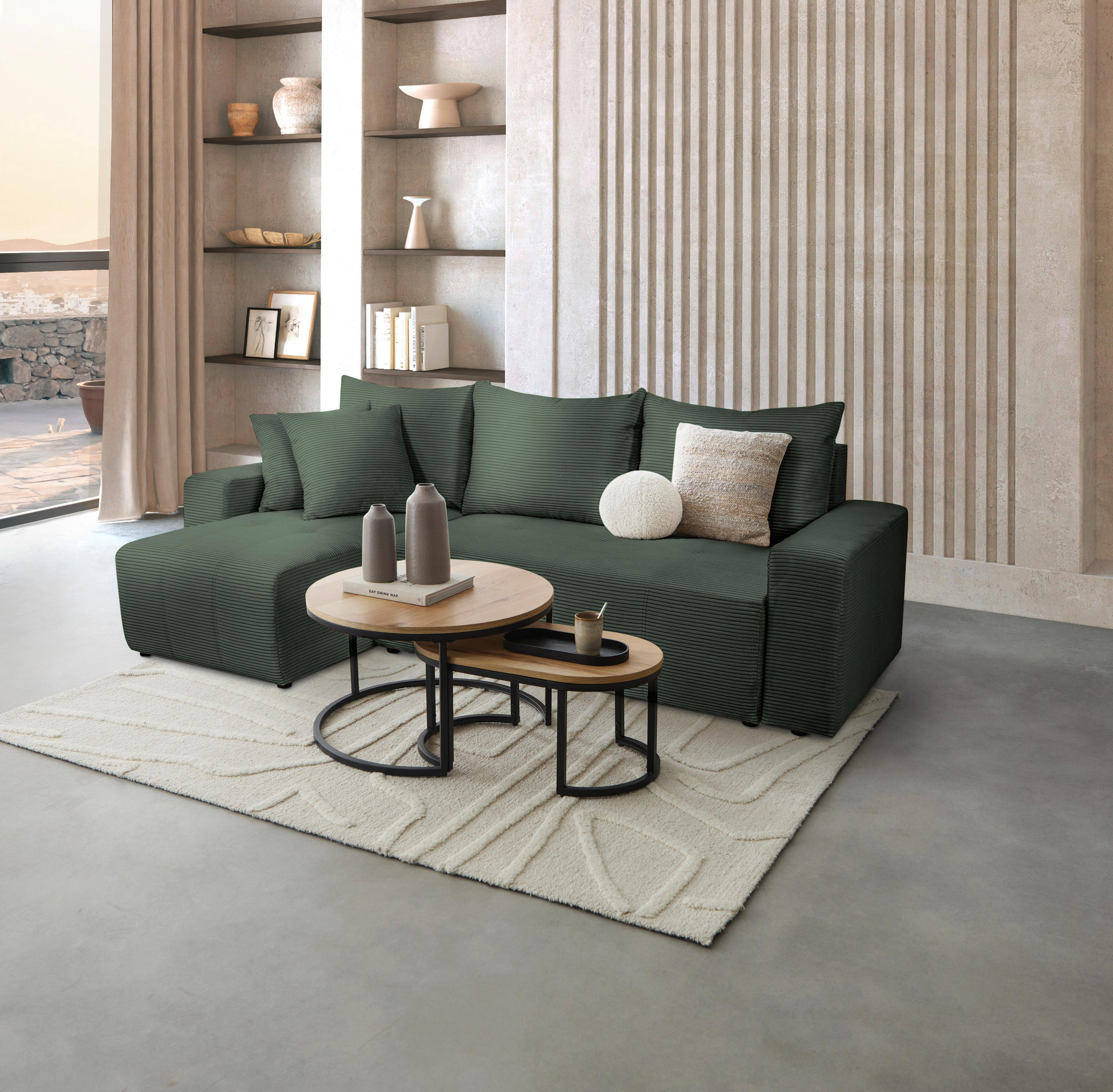 Thumbnail - Xora Ecksofa, Waldgrün, Textil, 3-Sitzer, Füllung: Schaumstoff, seitenverkehrt montierbar, L-Form, 248x146 cm, Rücken ec...