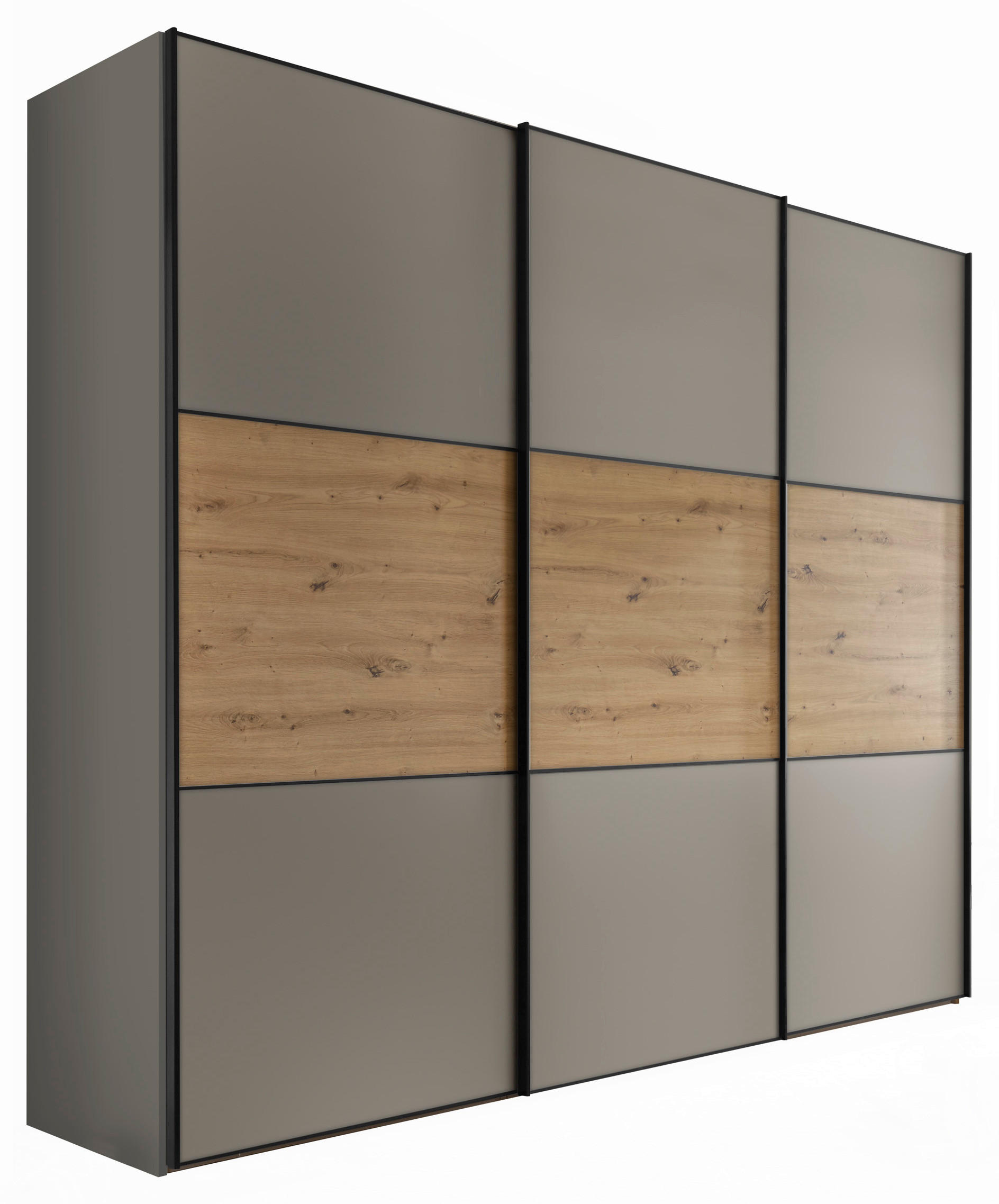 Moderano Schwebetürenschrank Hellgrau, Eiche Artisan 249x222x68 cm