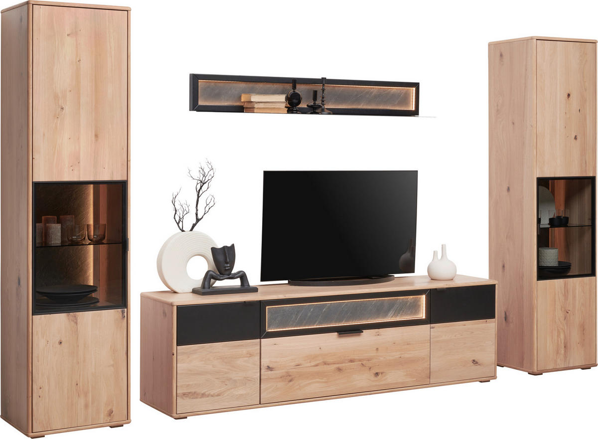 WOHNWAND  in Eiche Bianco, Schwarz 320/197,6/42 cm  - Eiche Bianco/Schwarz, Natur, Glas/Holz (320/197,6/42cm) - Linea Natura