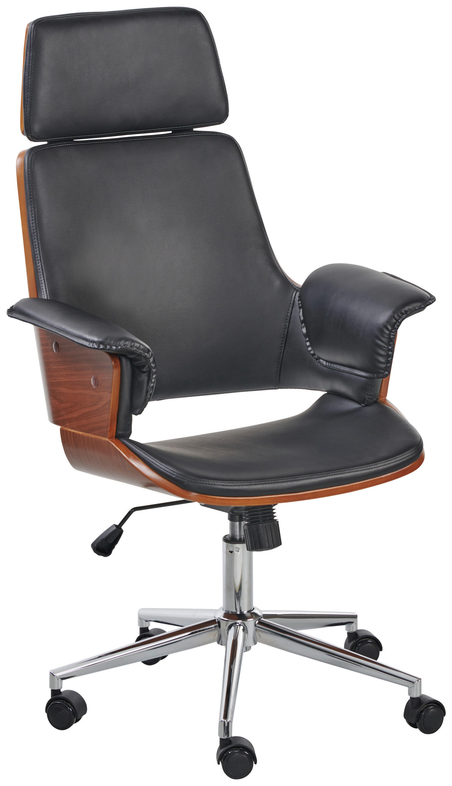CHEFSESSEL Lederlook Schwarz, Chromfarben, Walnussfarben  - Chromfarben/Walnussfarben, MODERN, Holz/Kunststoff (67/113-123/64cm) - Livetastic