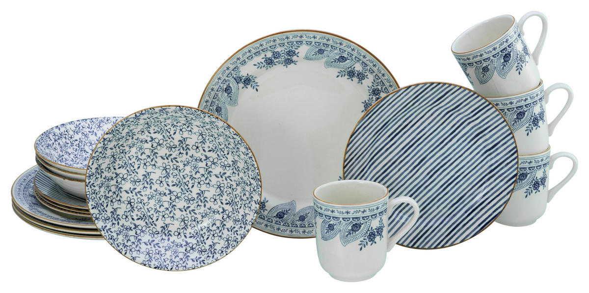 KOMBISERVICE Blau, Weiß Euböa 16-teilig 4 Personen  - Blau/Weiß, Basics, Keramik (33/32/31cm) - Creatable