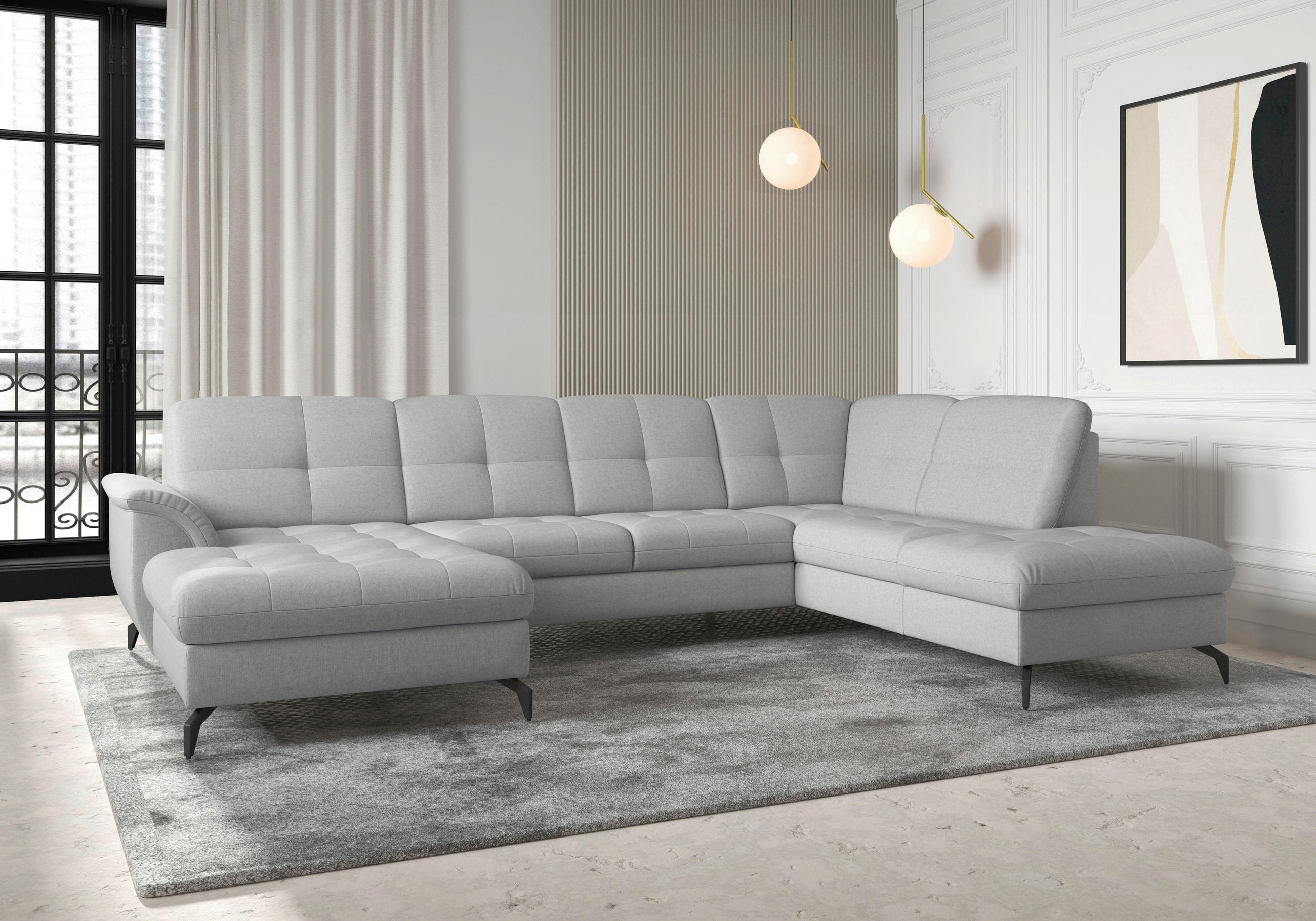 WOHNLANDSCHAFT in Flachgewebe Hellgrau  - Hellgrau/Schwarz, Modern, Textil/Metall (164/319/212cm) - Sit & More