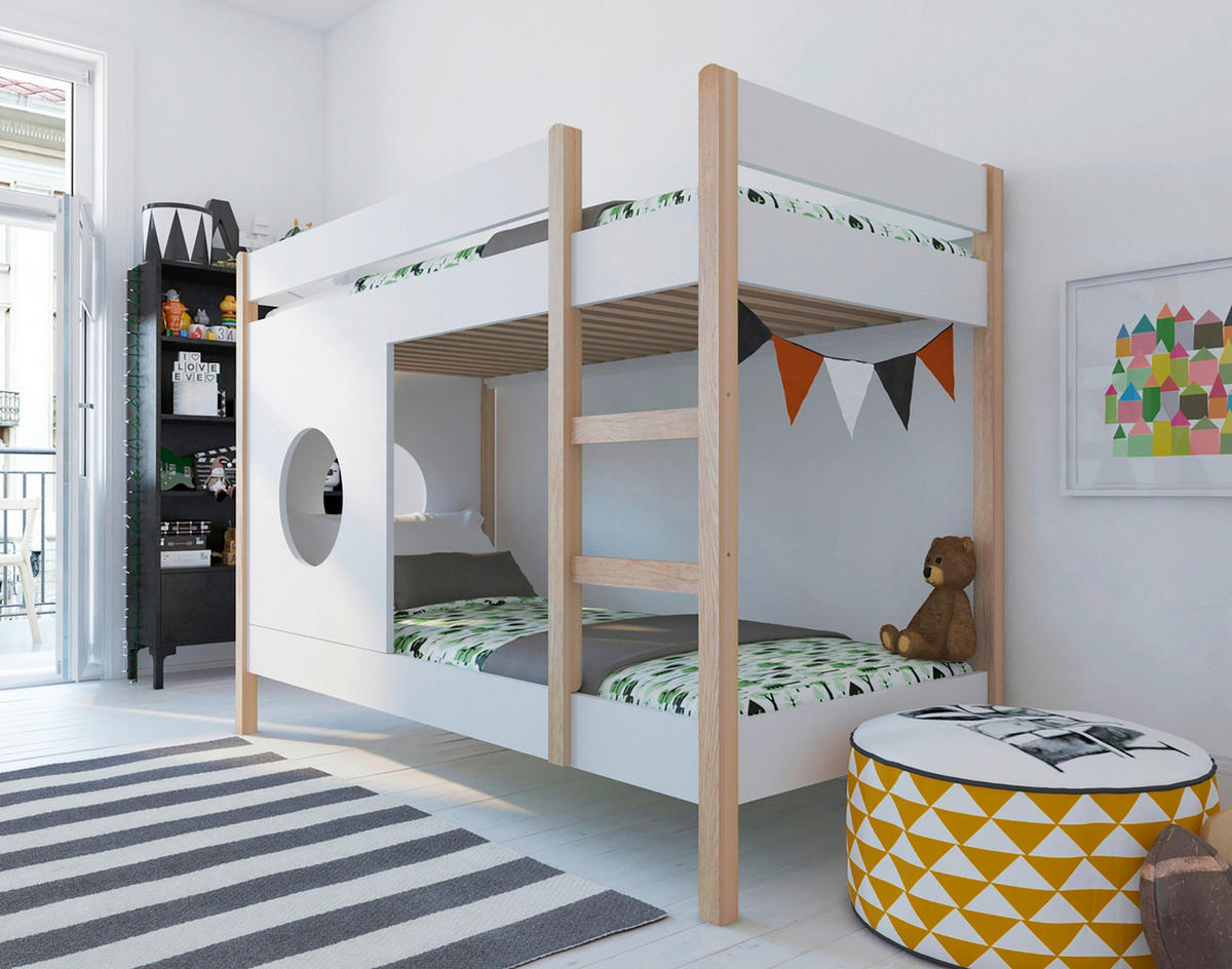 ETAGENBETT 90/200 cm,  in Naturfarben, Weiß, Leiter, Lattenrost  - Naturfarben/Weiß, Design, Holz/Holzwerkstoff (90/200cm) - Livetastic