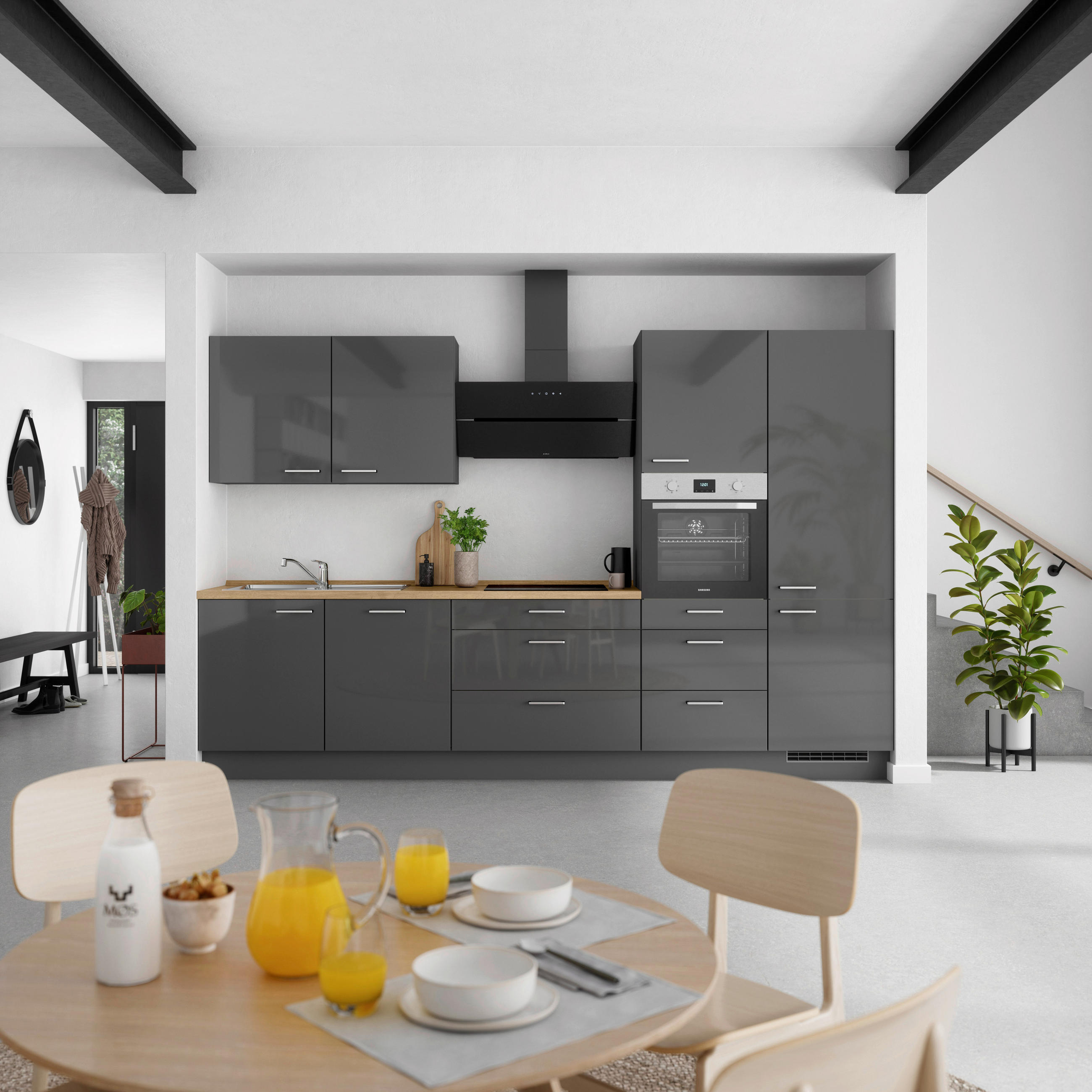 KÜCHENBLOCK 330 cm   in Eichefarben, Schieferfarben  - Schieferfarben/Edelstahlfarben, MODERN, Holzwerkstoff/Metall (330cm) - Nobilia