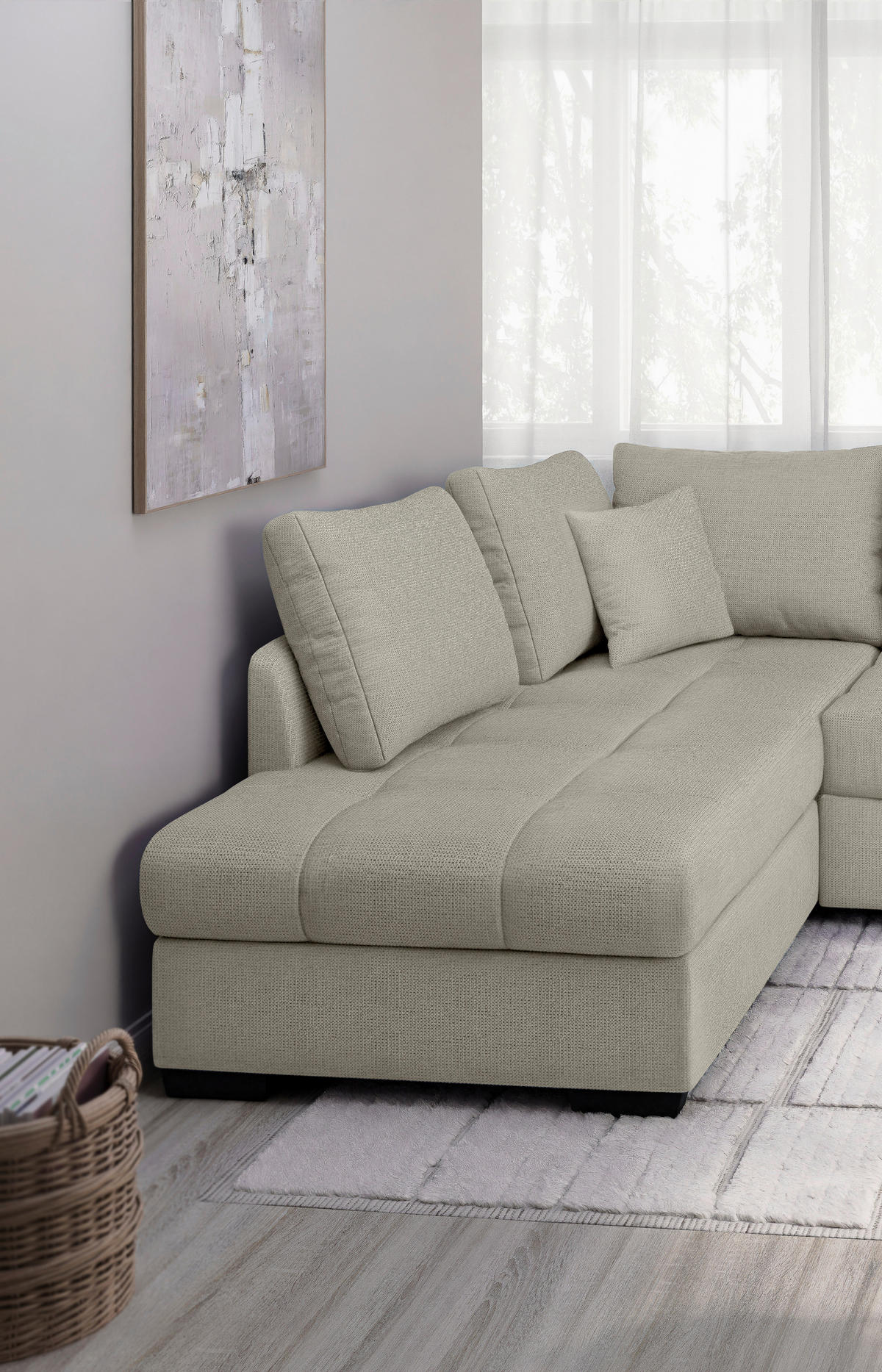 ECKSCHLAFSOFA in Chenille Beige  - Beige/Schwarz, MODERN, Holz/Textil (202/298cm) - MID.YOU