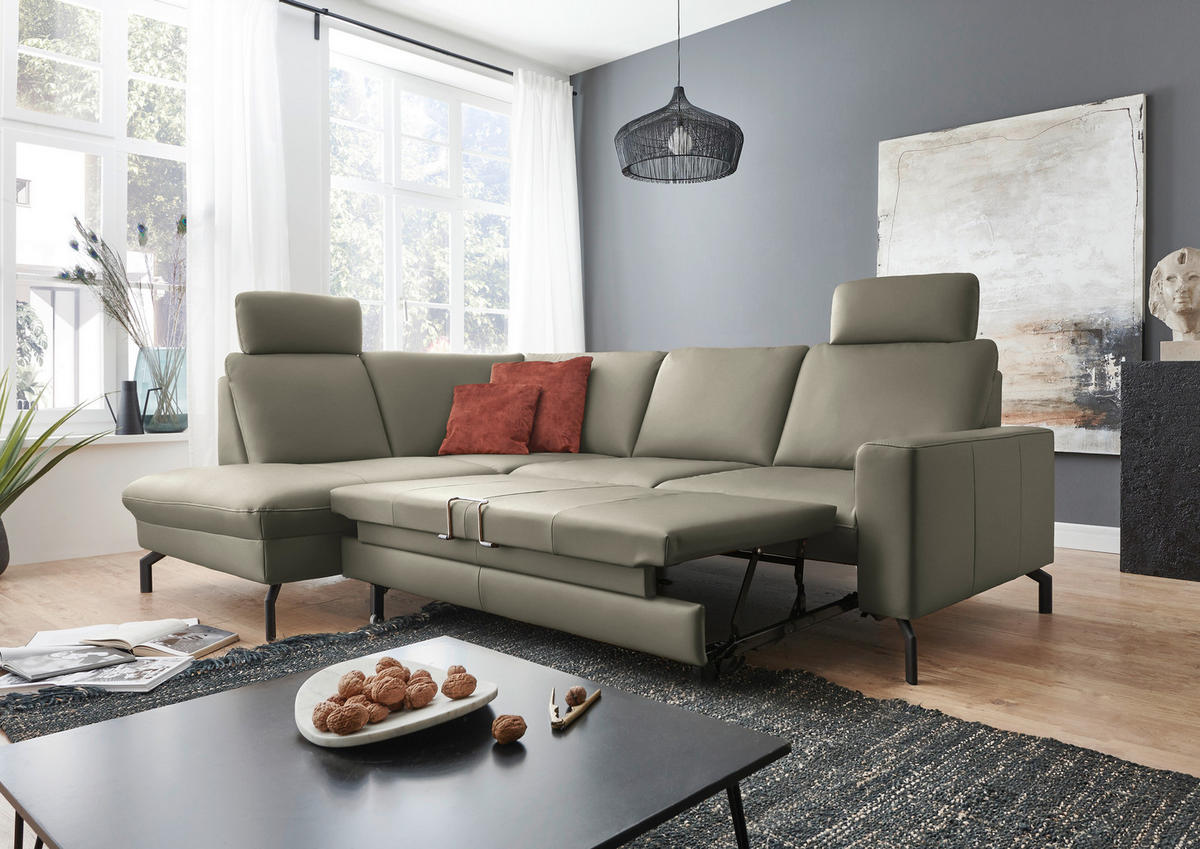 ECKSOFA in Echtleder Hellgrau  - Hellgrau/Schwarz, Design, Leder/Metall (194/250cm) - Beldomo Premium