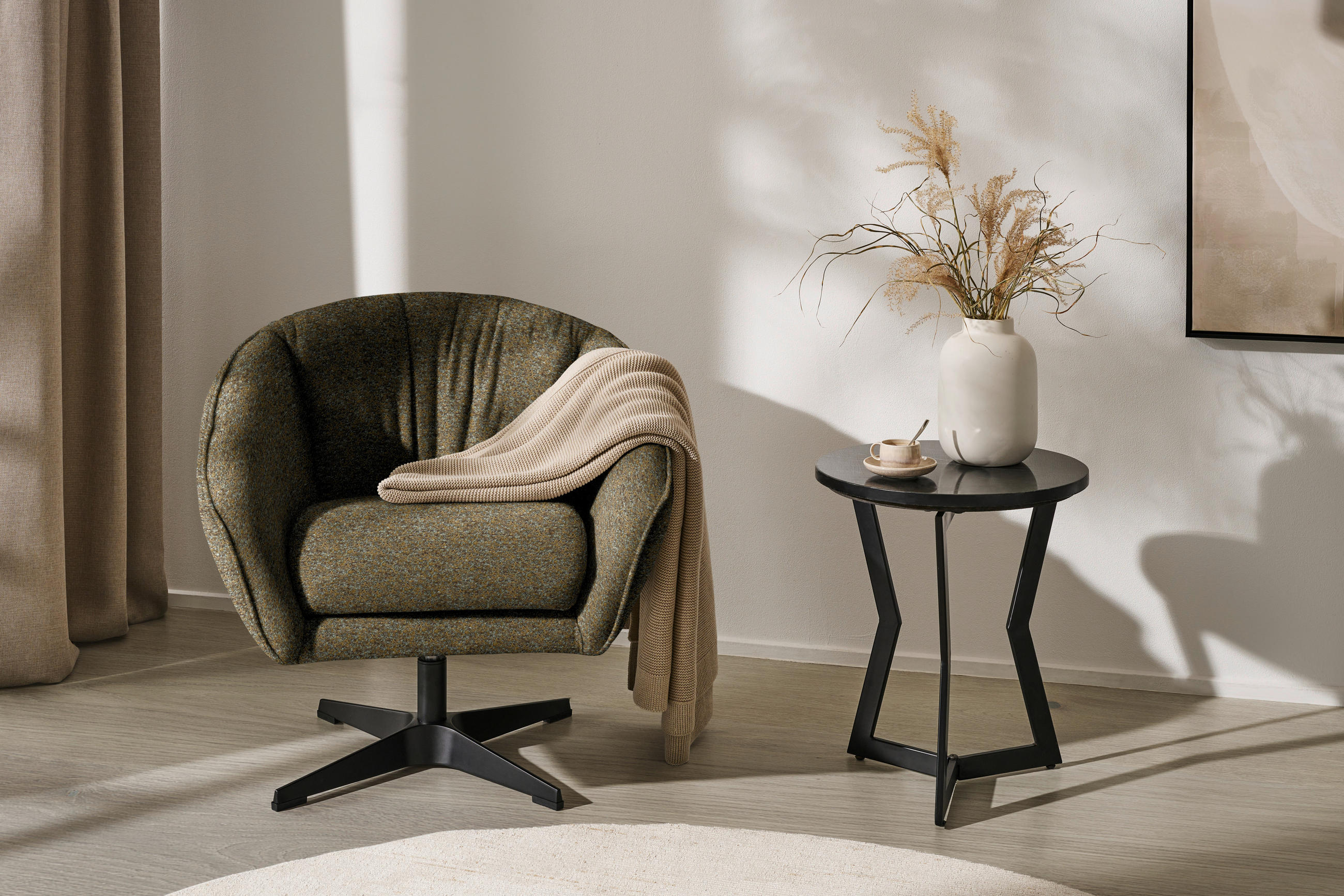 SESSEL in Bouclé Khaki  - Khaki/Schwarz, Design, Textil/Metall (80/78/80cm) - Stylife